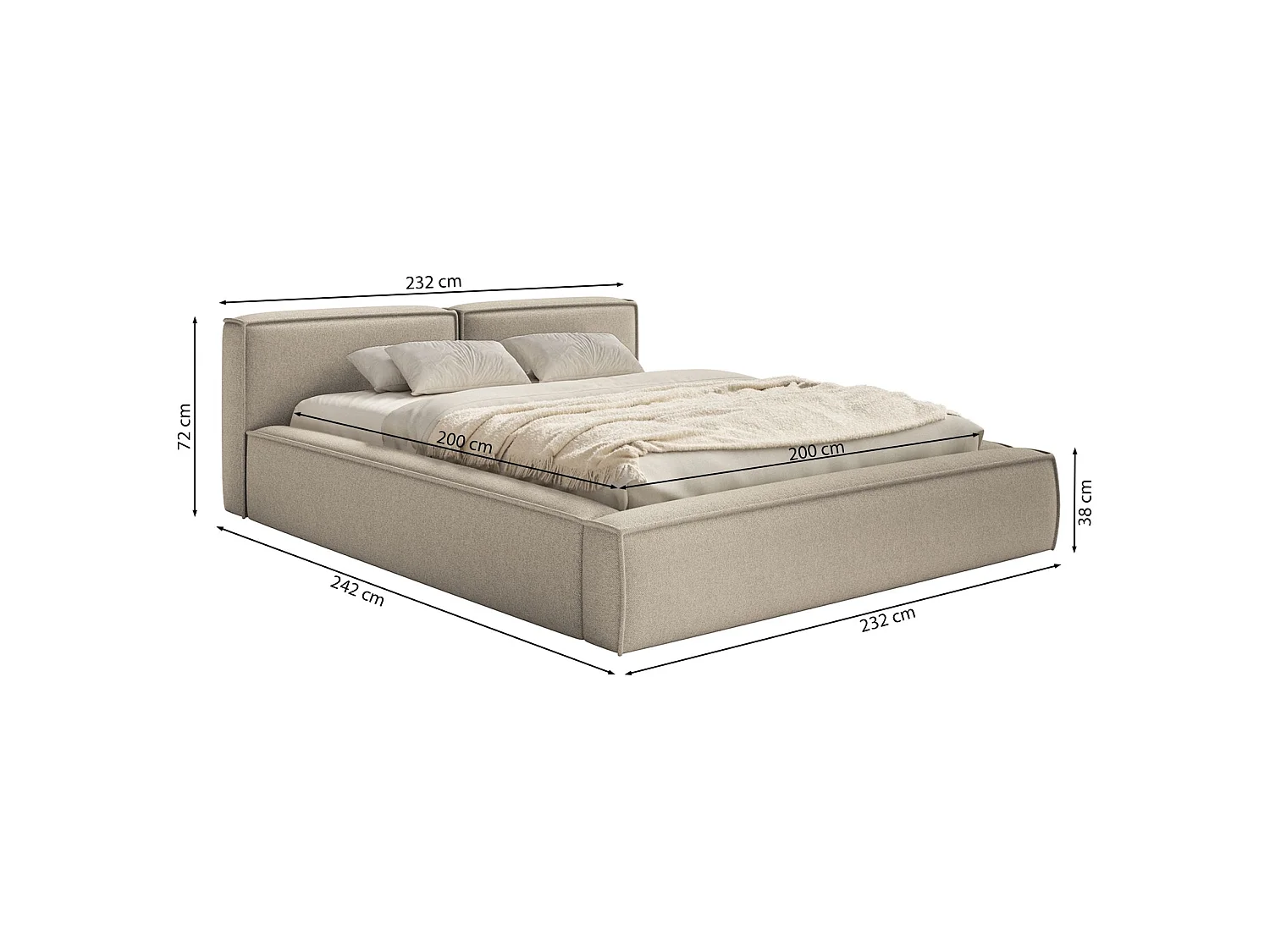 Lit coffre 200x200 avec coffre – sommier à lattes – chenille – beige clair – TILVES SLIM