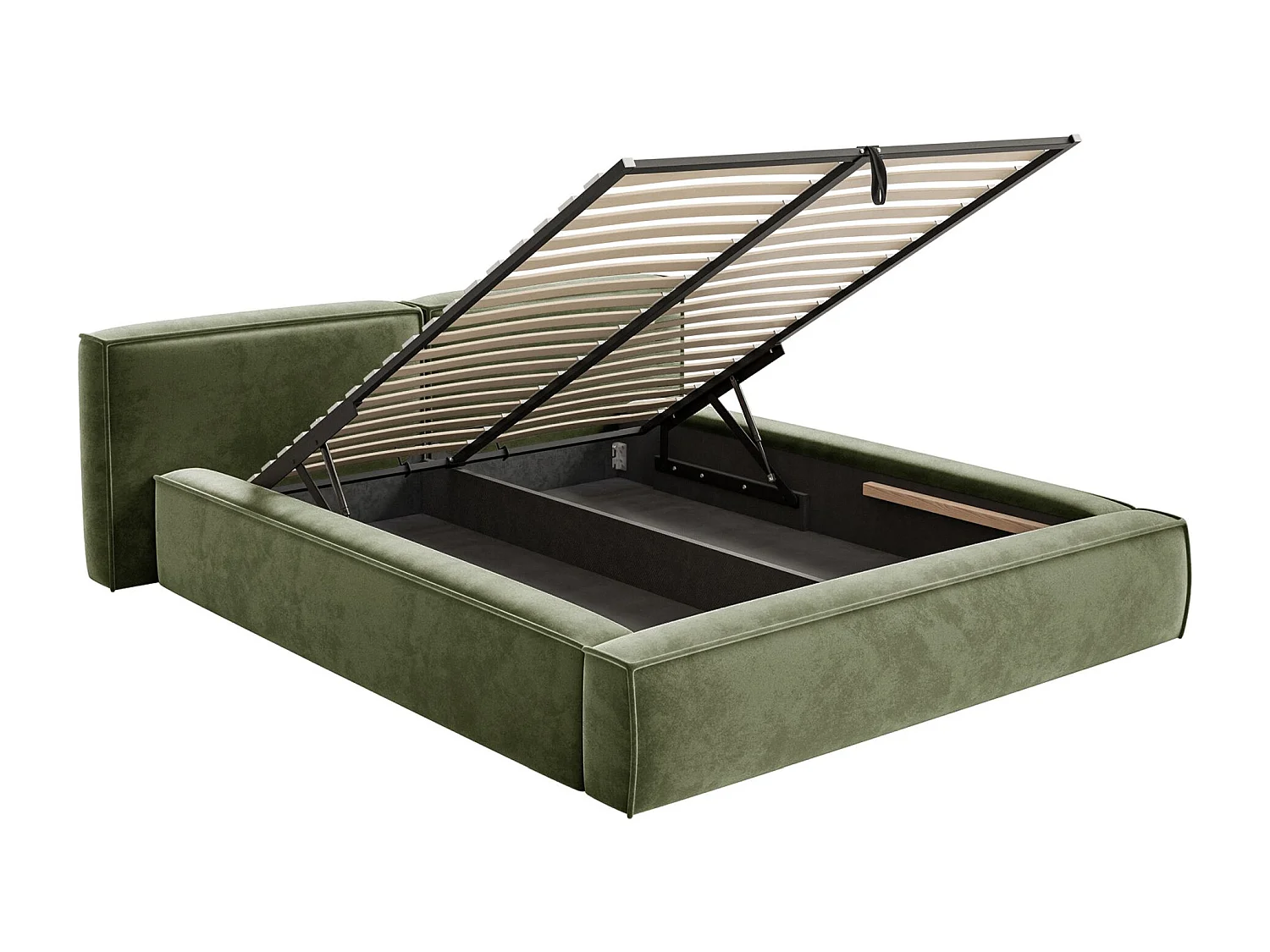 Lit coffre 140x200 avec coffre – sommier à lattes – velours – vert olive – TILVES LOW