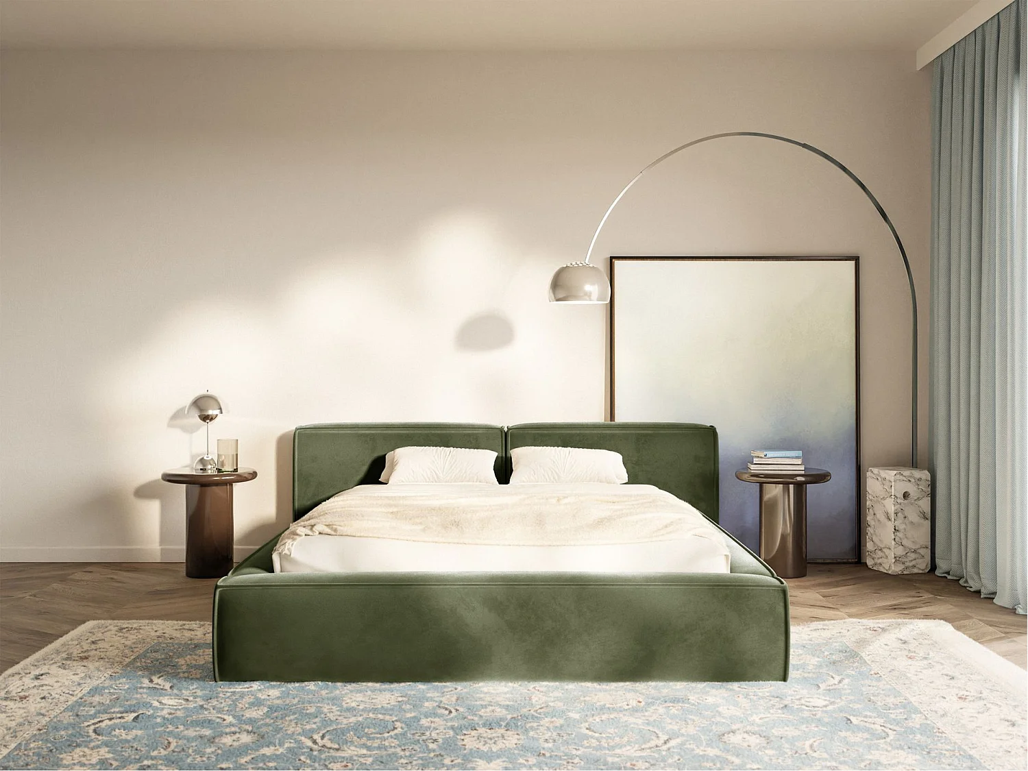 Lit coffre 140x200 avec coffre – sommier à lattes – velours – vert olive – TILVES LOW
