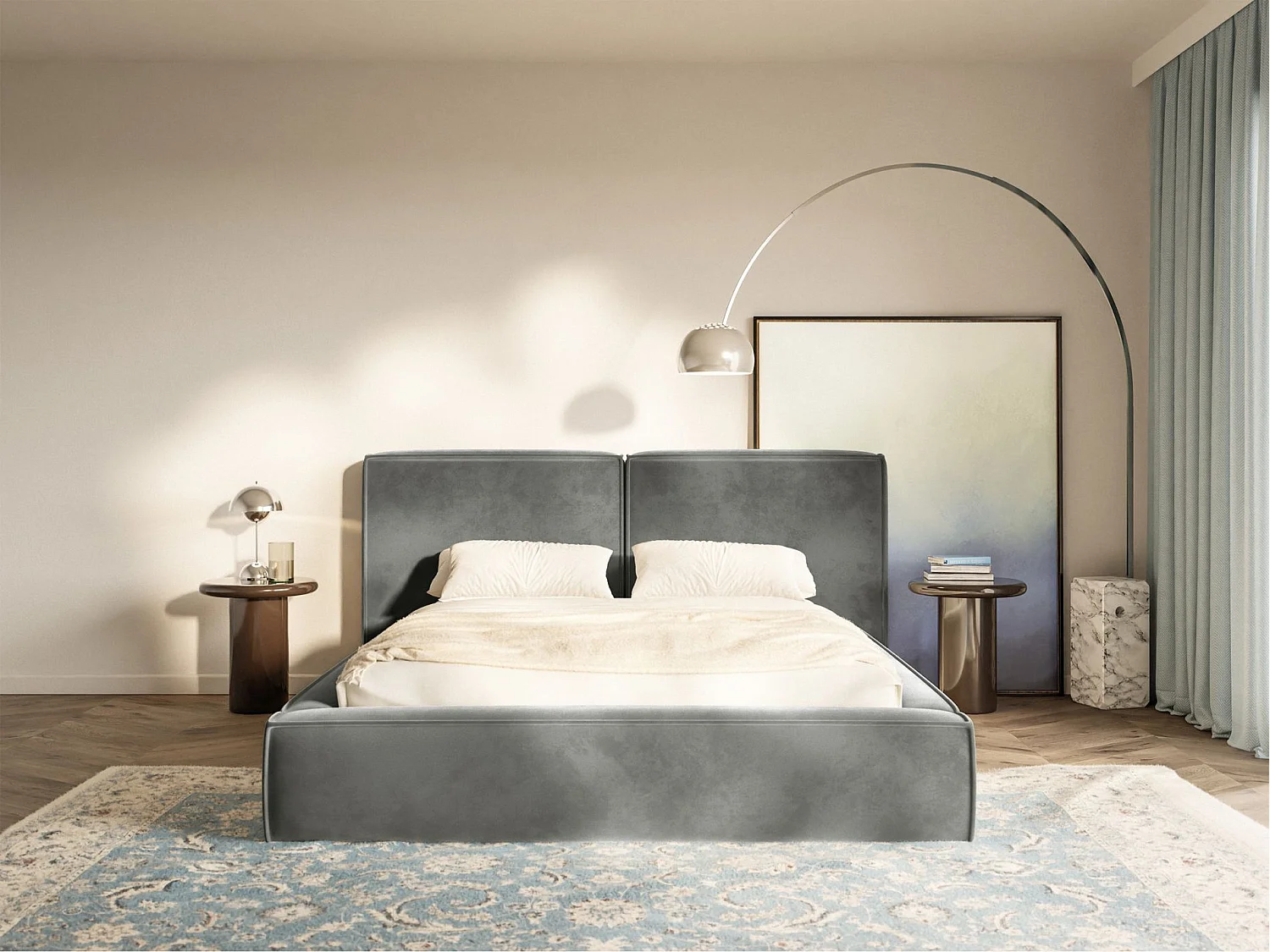 Lit tapissé 180x200 avec coffre – sommier à lattes – velours – gris – TILVES