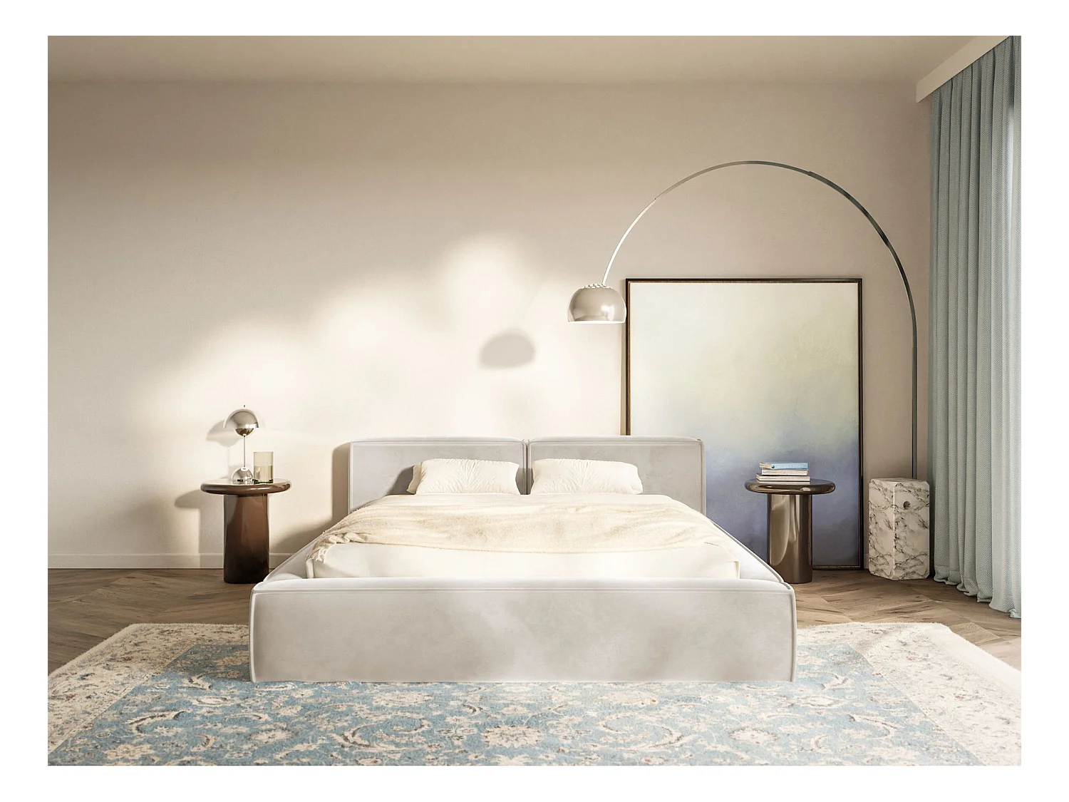 Polsterbett 200x200 mit Bettkasten – Lattenrost – Velours – graubeige – TILVES SLIM