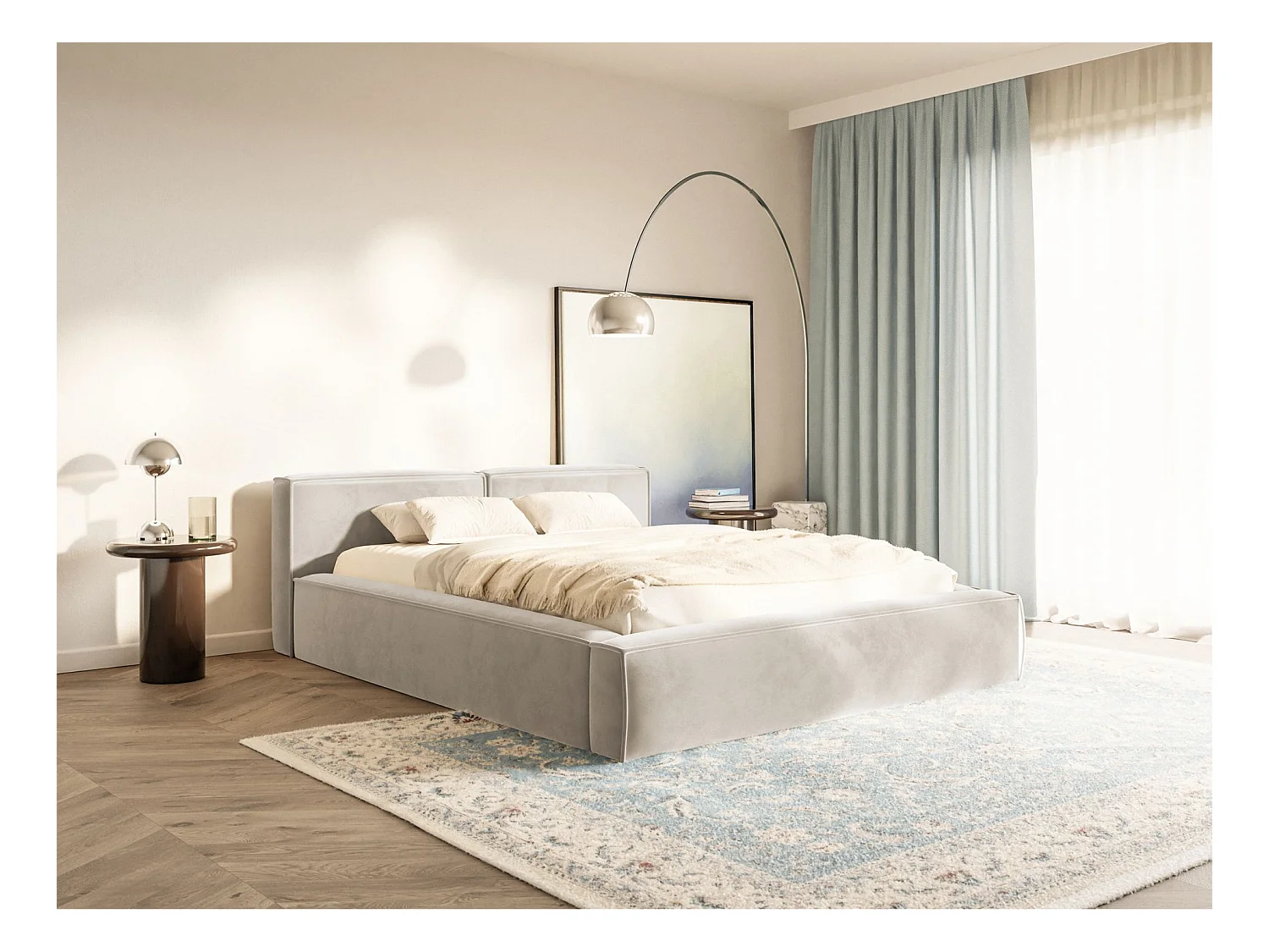 Polsterbett 200x200 mit Bettkasten – Lattenrost – Velours – graubeige – TILVES SLIM