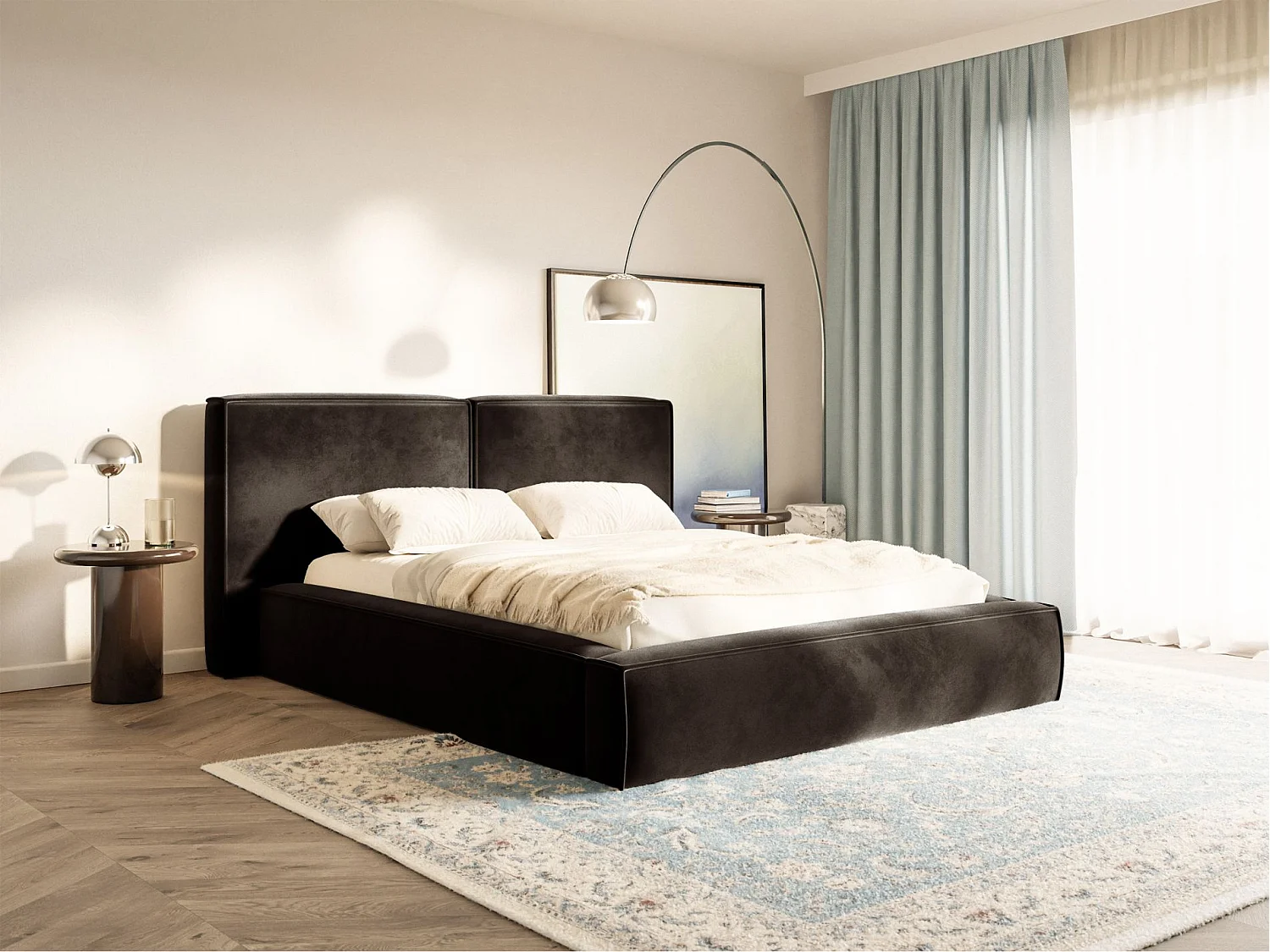 Lit tapissé 200x200 avec coffre – sommier à lattes – velours – brun – TILVES