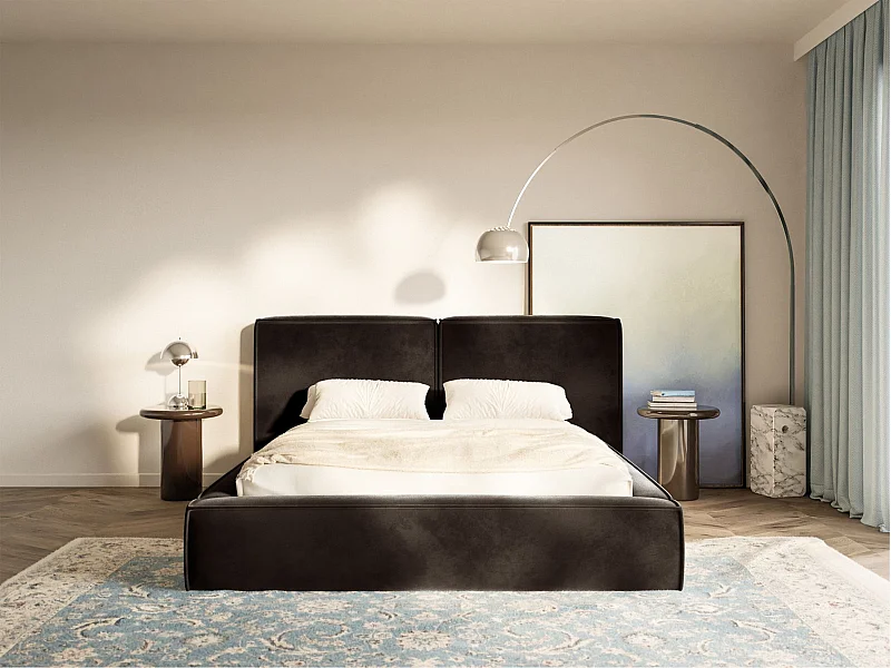 Lit tapissé 200x200 avec coffre – sommier à lattes – velours – brun – TILVES