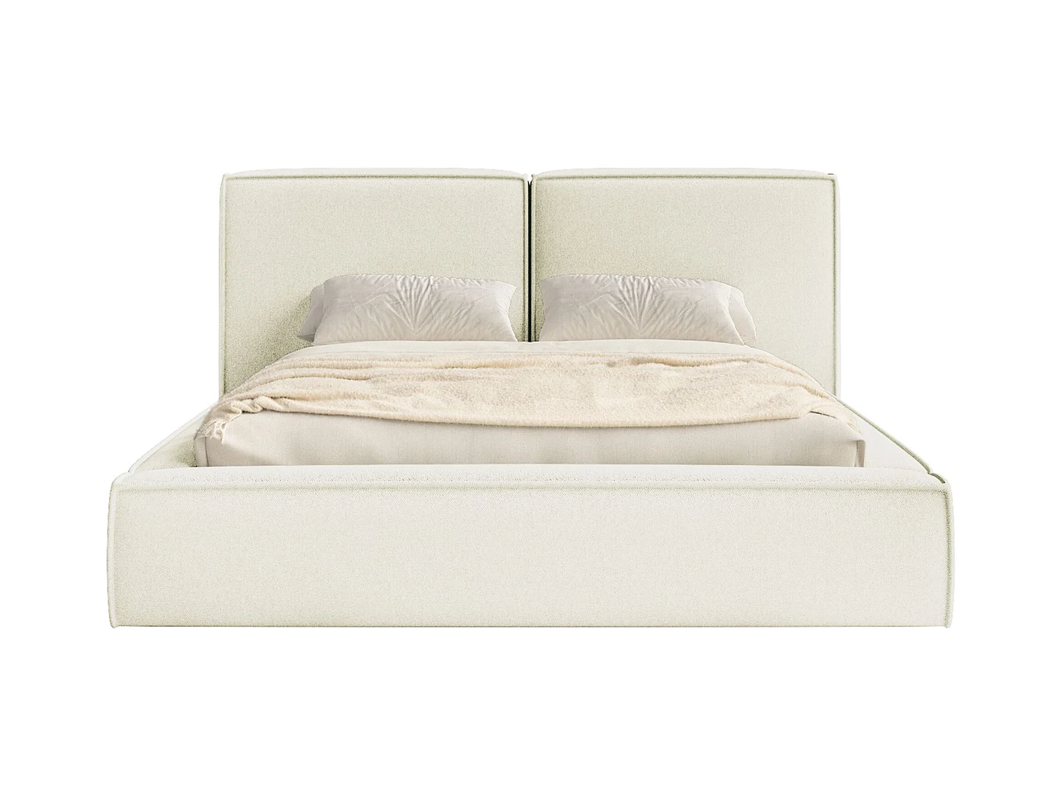 Lit tapissé 200x200 avec coffre – sommier à lattes – chenille – crème – TILVES