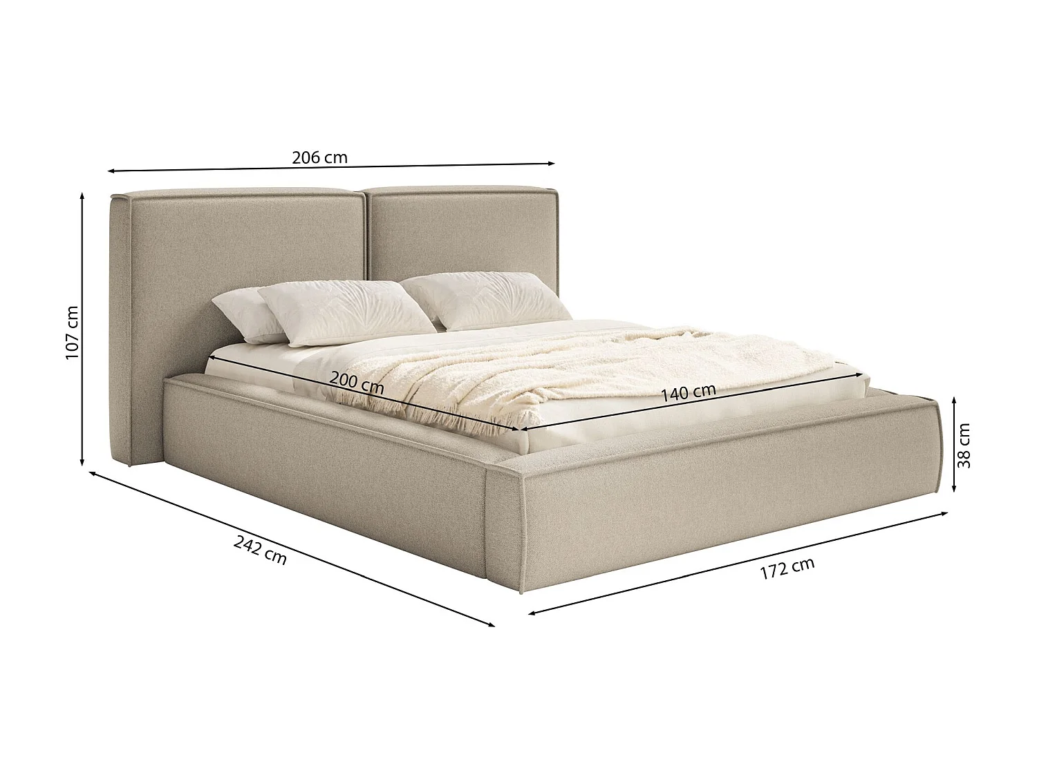 Lit tapissé 200x200 avec coffre – sommier à lattes – chenille – crème – TILVES