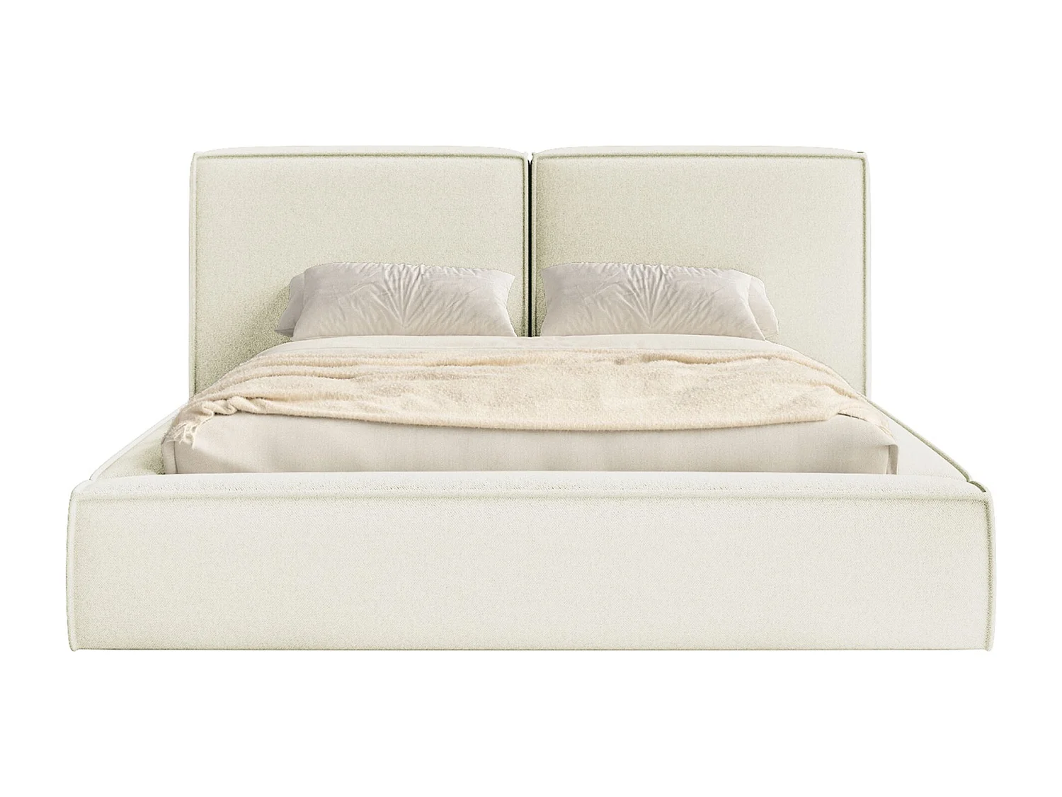 Lit tapissé 200x200 avec coffre – sommier à lattes – chenille – crème – TILVES