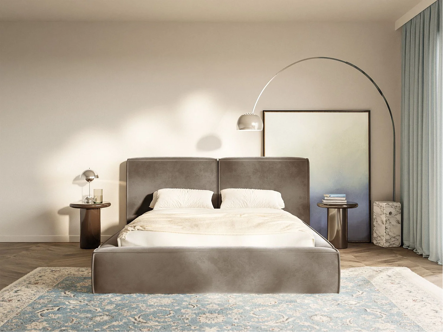 Lit tapissé 180x200 avec coffre – sommier à lattes – velours – brun clair – TILVES