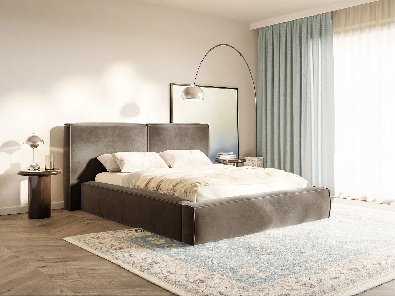 Lit tapissé 180x200 avec coffre – sommier à lattes – velours – brun clair – TILVES