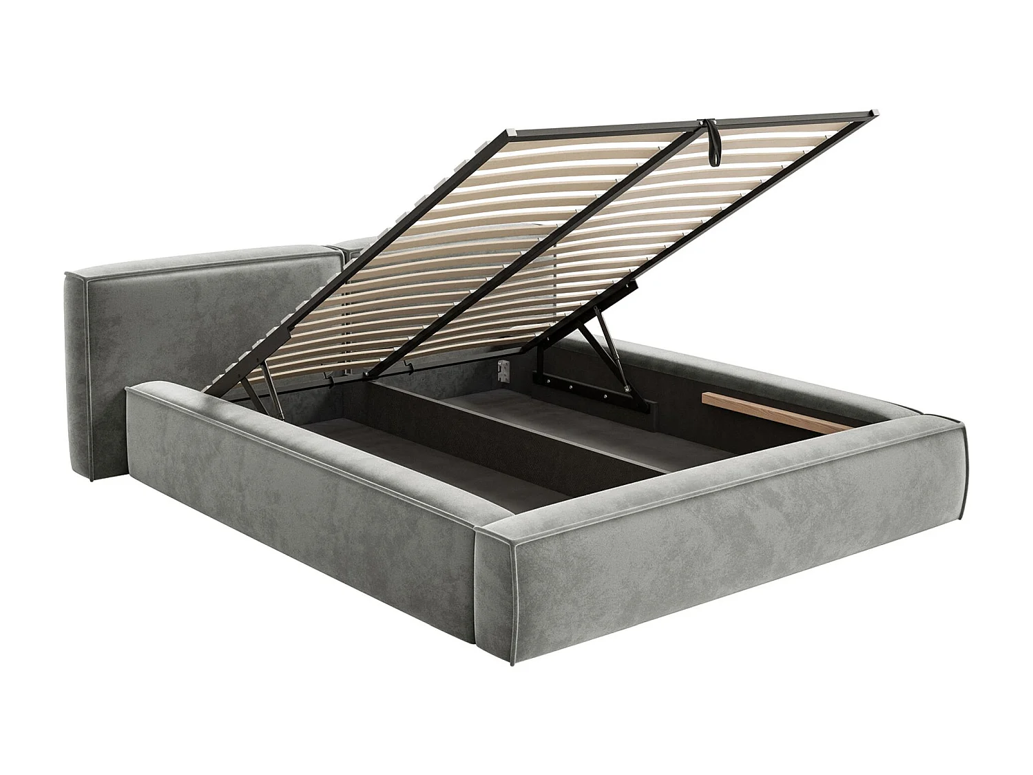 Lit coffre 180x200 avec coffre – sommier à lattes – velours – gris – TILVES LOW