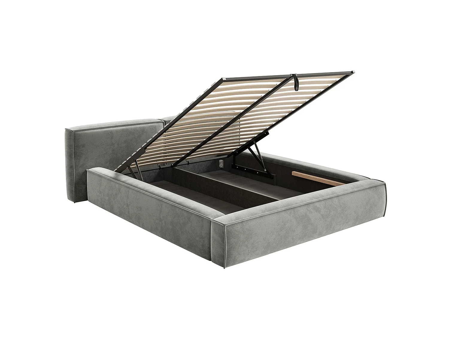 Lit coffre 180x200 avec coffre – sommier à lattes – velours – gris – TILVES LOW