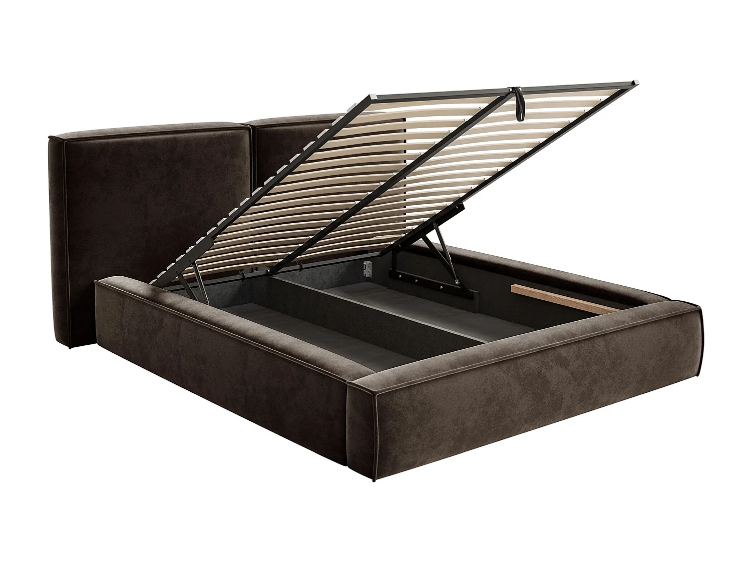 Lit tapissé 180x200 avec coffre – sommier à lattes – velours – brun – TILVES