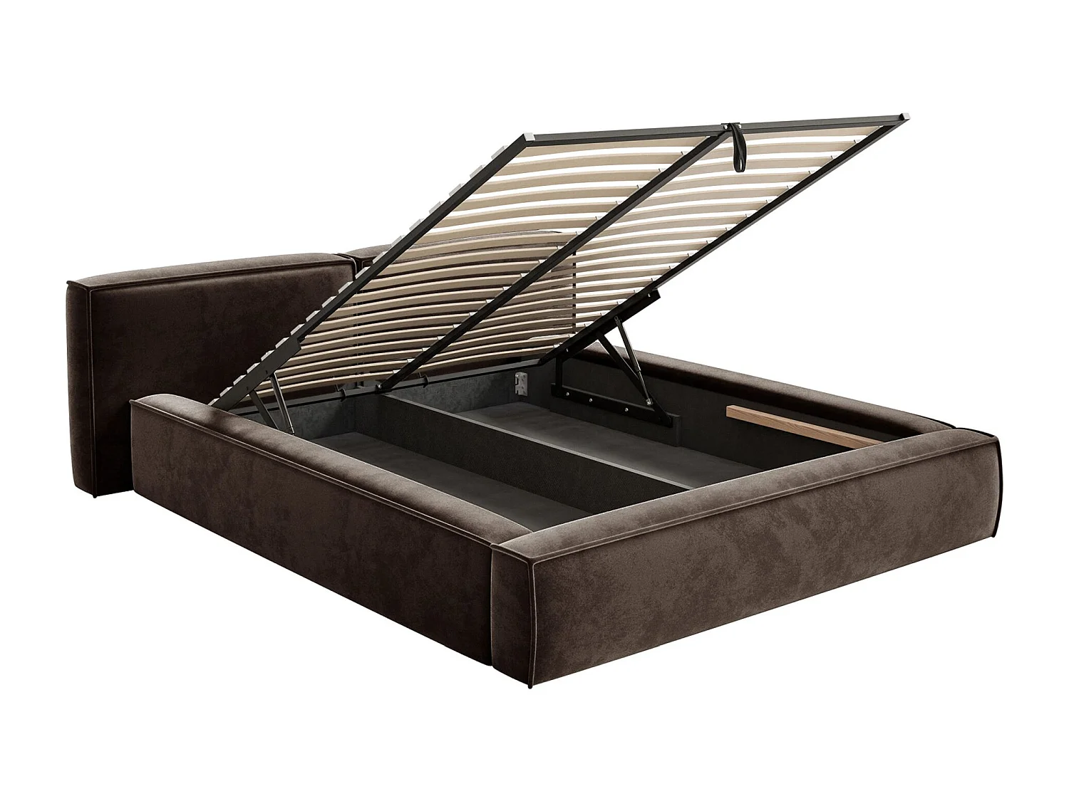 Lit coffre 180x200 avec coffre – sommier à lattes – velours – brun – TILVES LOW