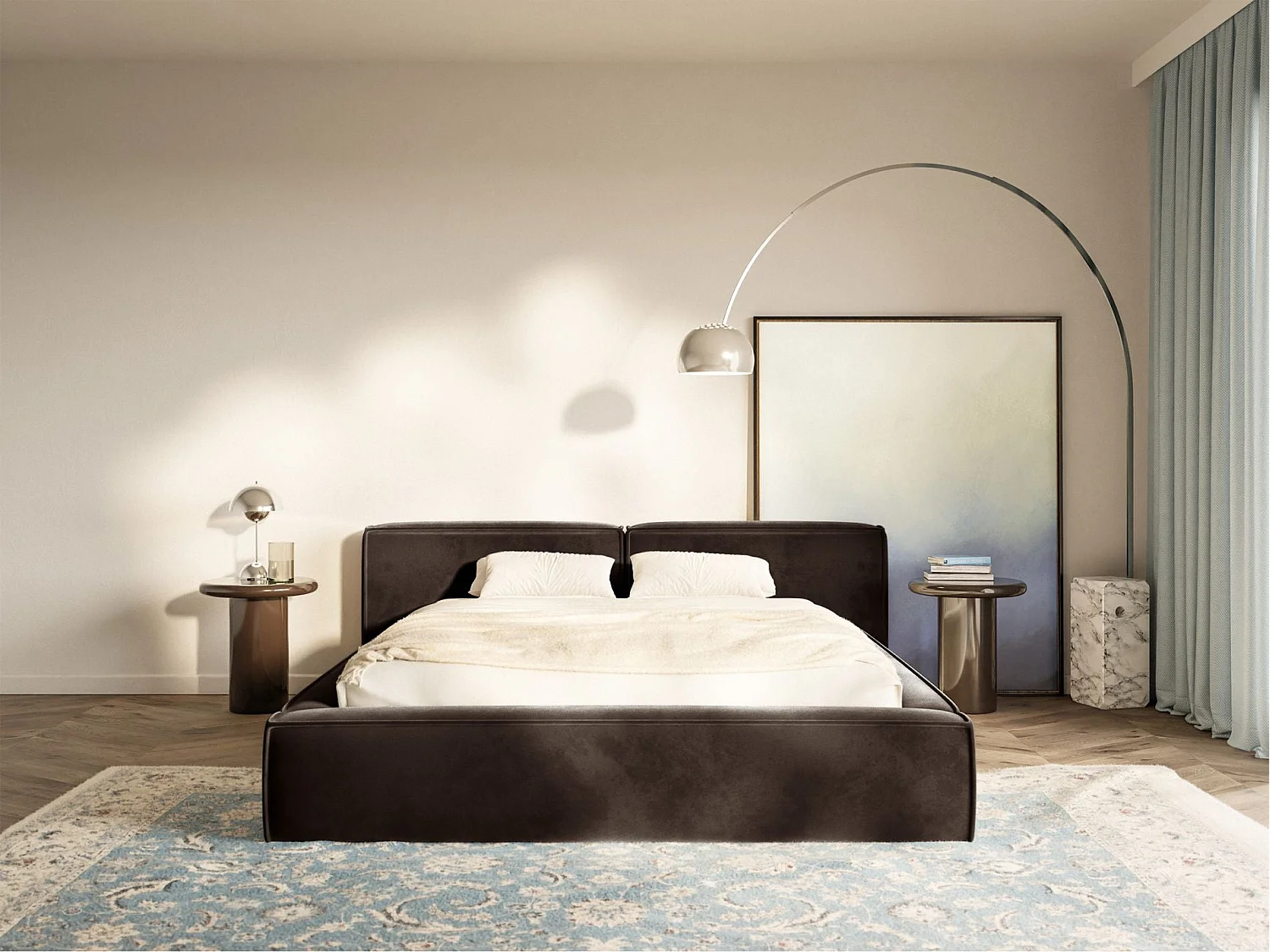Lit coffre 180x200 avec coffre – sommier à lattes – velours – brun – TILVES LOW