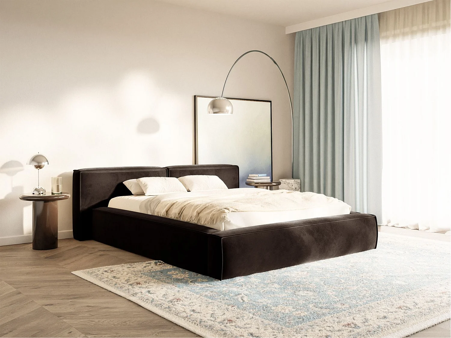 Lit coffre 180x200 avec coffre – sommier à lattes – velours – brun – TILVES LOW