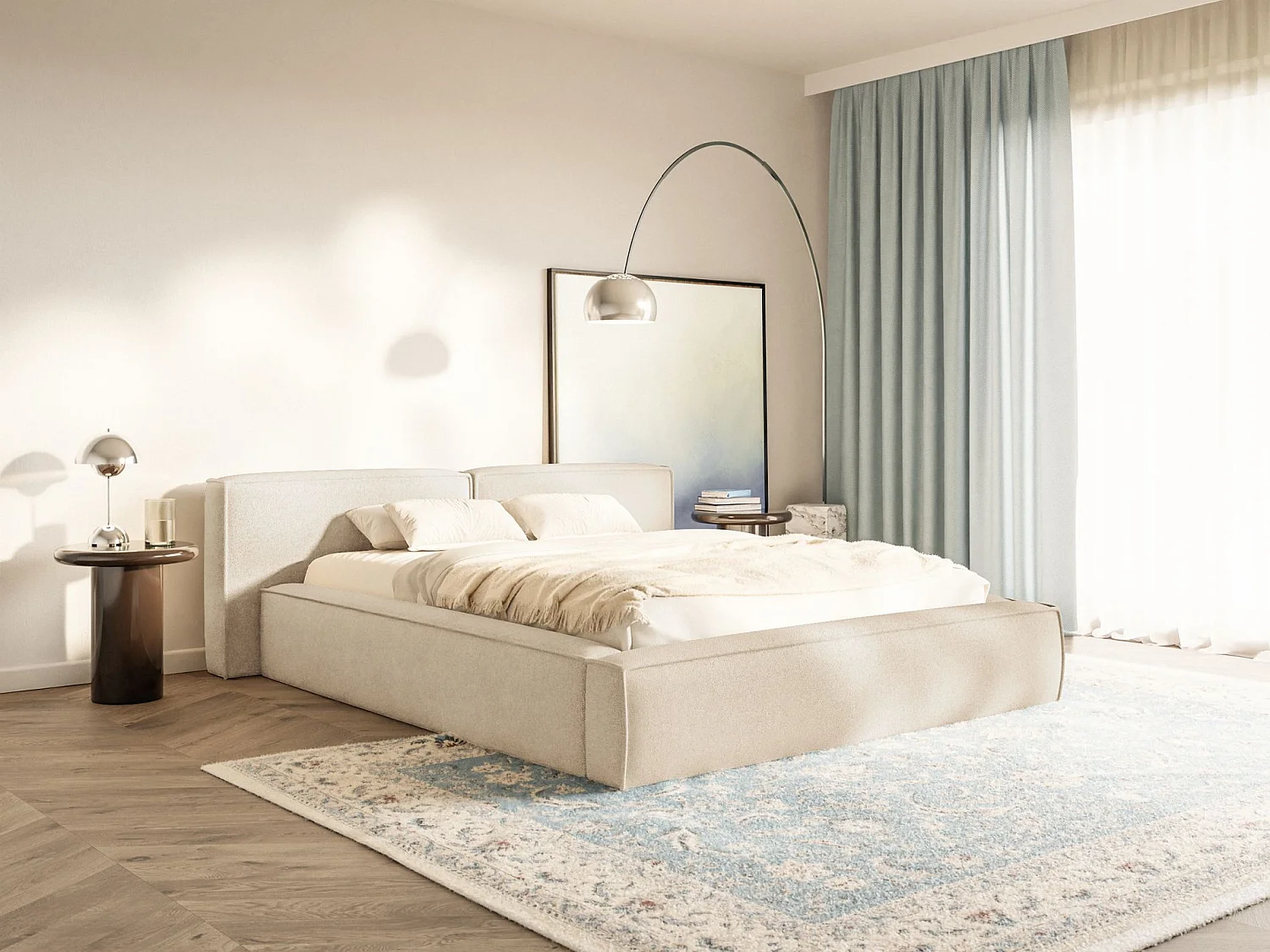 Lit coffre 160x200 avec coffre – sommier à lattes – chenille – beige clair – TILVES LOW