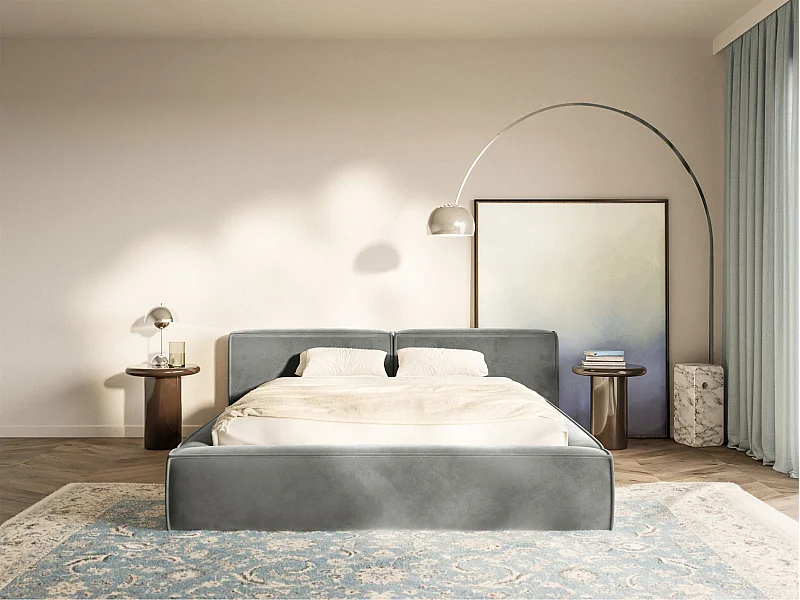 Lit coffre 160x200 avec coffre – sommier à lattes – velours – gris – TILVES LOW