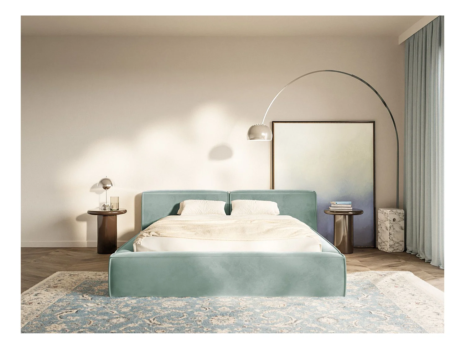 Polsterbett 180x200 mit Bettkasten – Lattenrost – Velours – salbeigrün – TILVES LOW