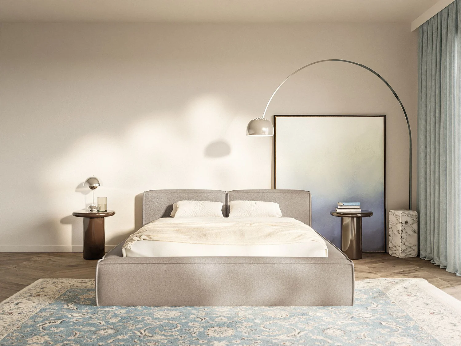 Lit coffre 200x200 avec coffre – sommier à lattes – chenille – beige – TILVES SLIM