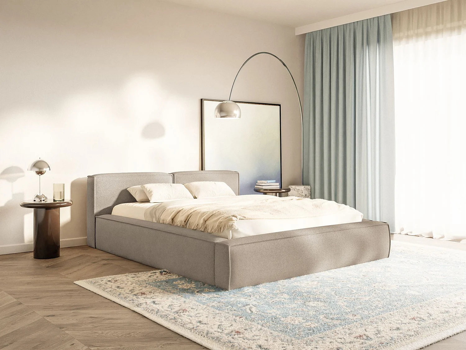 Lit coffre 200x200 avec coffre – sommier à lattes – chenille – beige – TILVES SLIM