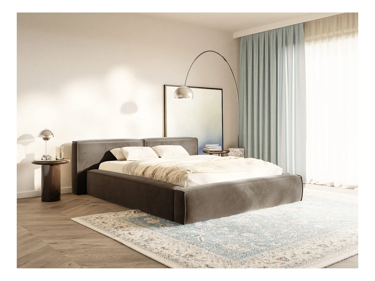 Polsterbett 200x200 mit Bettkasten – Lattenrost – Velours – hellbraun – TILVES LOW