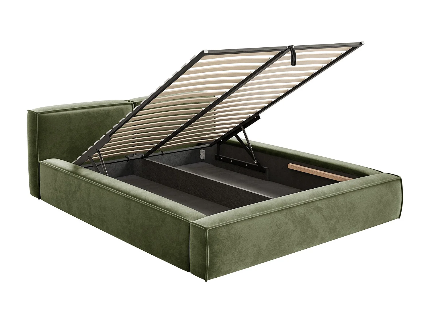 Lit coffre 200x200 avec coffre – sommier à lattes – velours – vert olive – TILVES SLIM