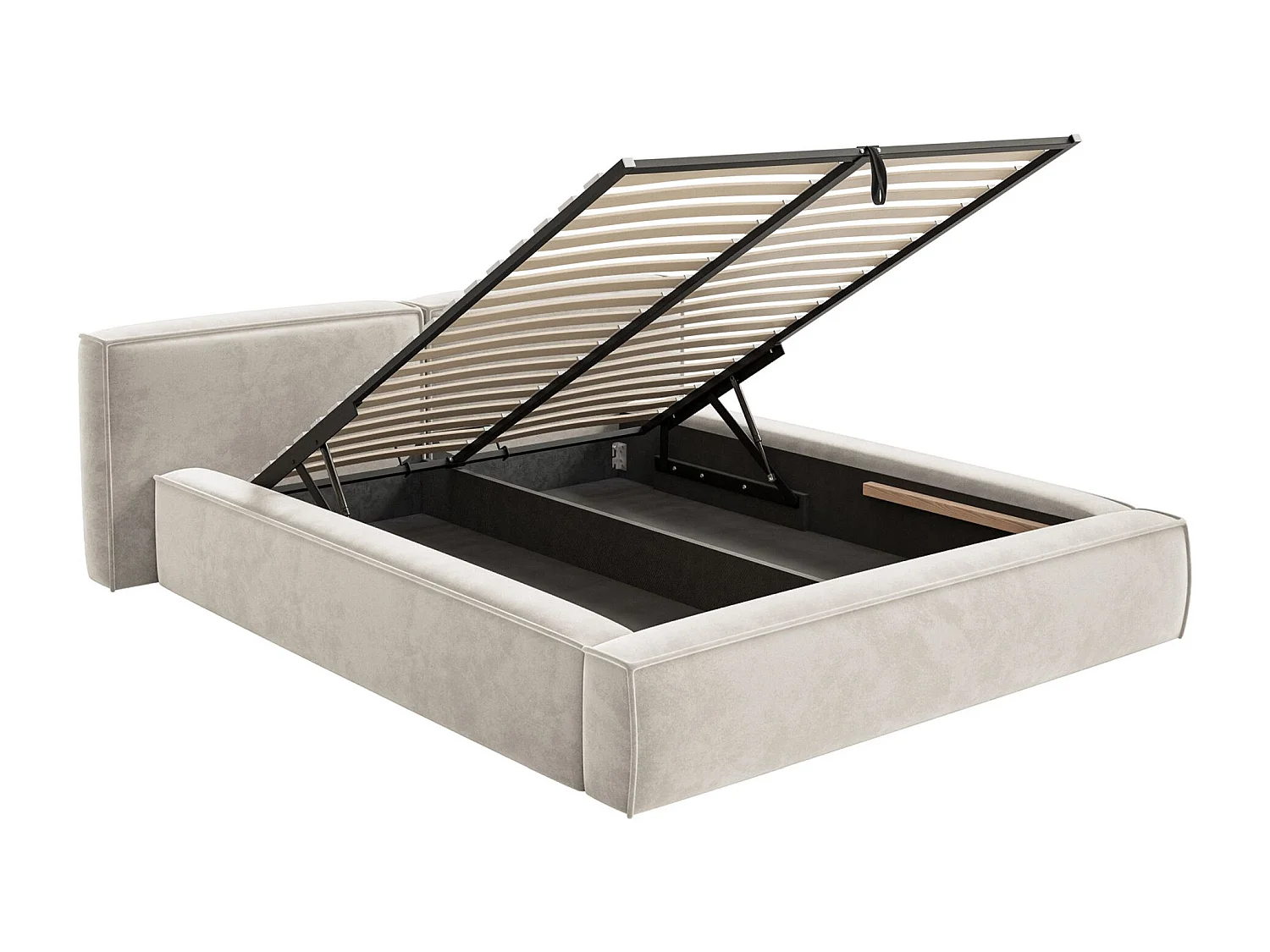 Lit coffre 200x200 avec coffre – sommier à lattes – velours – grège – TILVES LOW