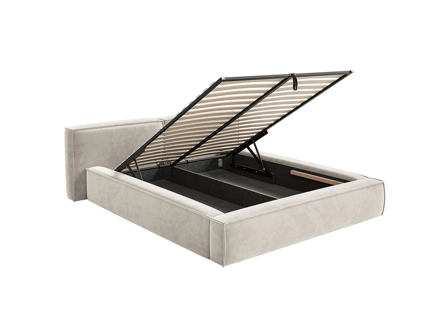 Lit coffre 200x200 avec coffre – sommier à lattes – velours – grège – TILVES LOW