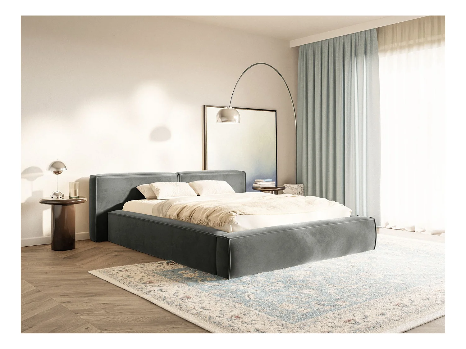 Polsterbett 200x200 mit Bettkasten – Lattenrost – Velours – grau – TILVES LOW