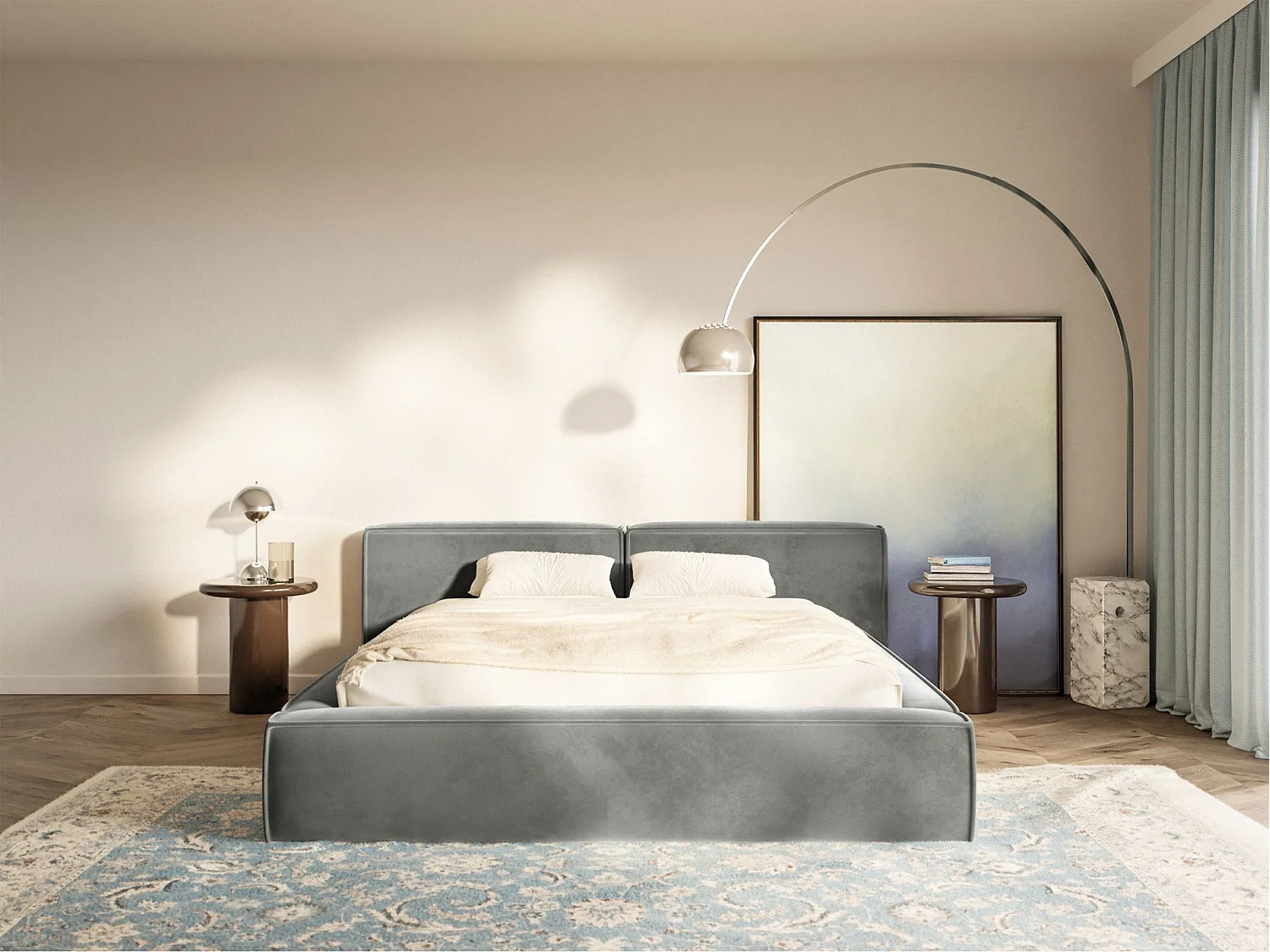 Lit coffre 200x200 avec coffre – sommier à lattes – velours – gris – TILVES LOW