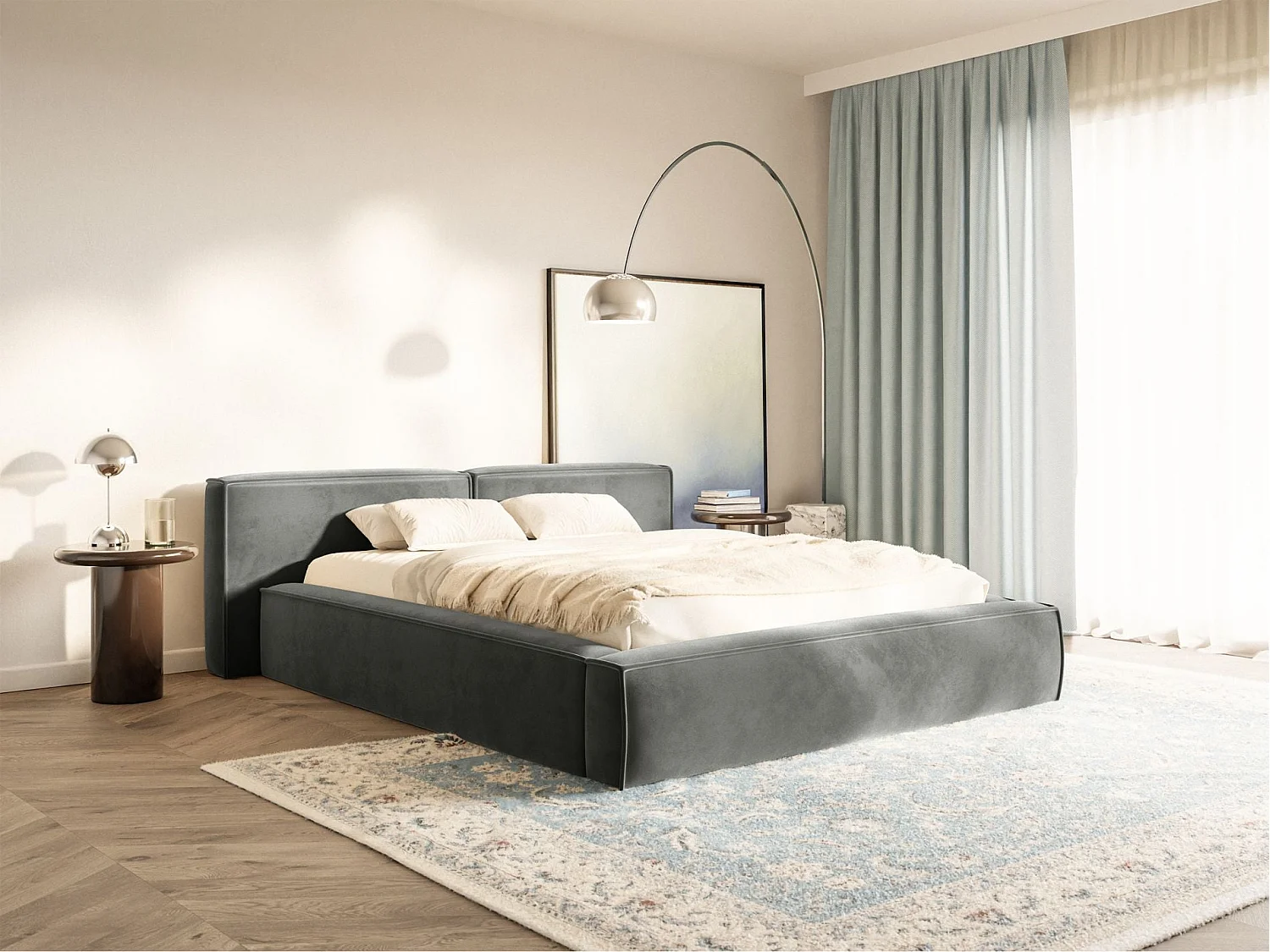 Lit coffre 200x200 avec coffre – sommier à lattes – velours – gris – TILVES LOW