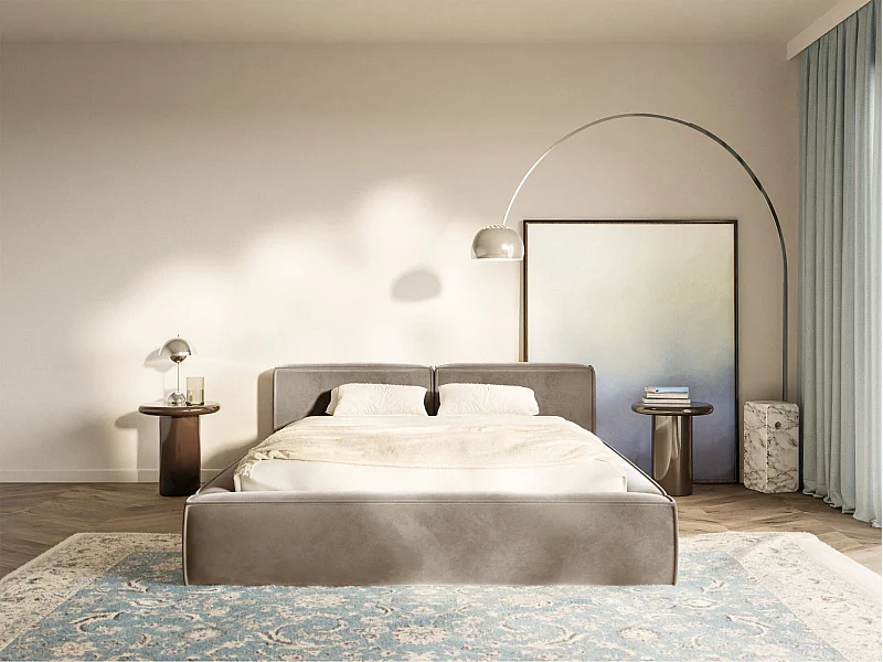 Opbergbed 140x200 cm – met lattenbodem – velours – lichtbruin – TILVES SLIM