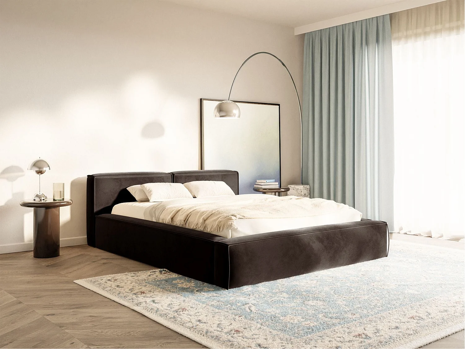 Lit coffre 140x200 avec coffre – sommier à lattes – velours – brun – TILVES SLIM