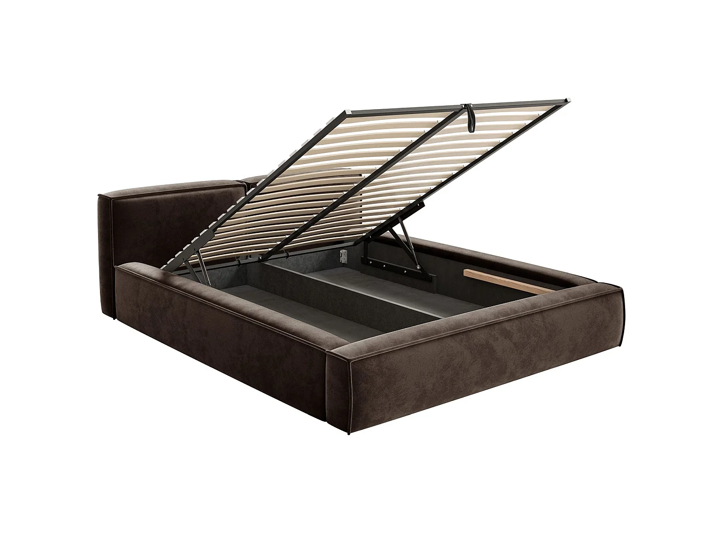 Lit coffre 140x200 avec coffre – sommier à lattes – velours – brun – TILVES SLIM