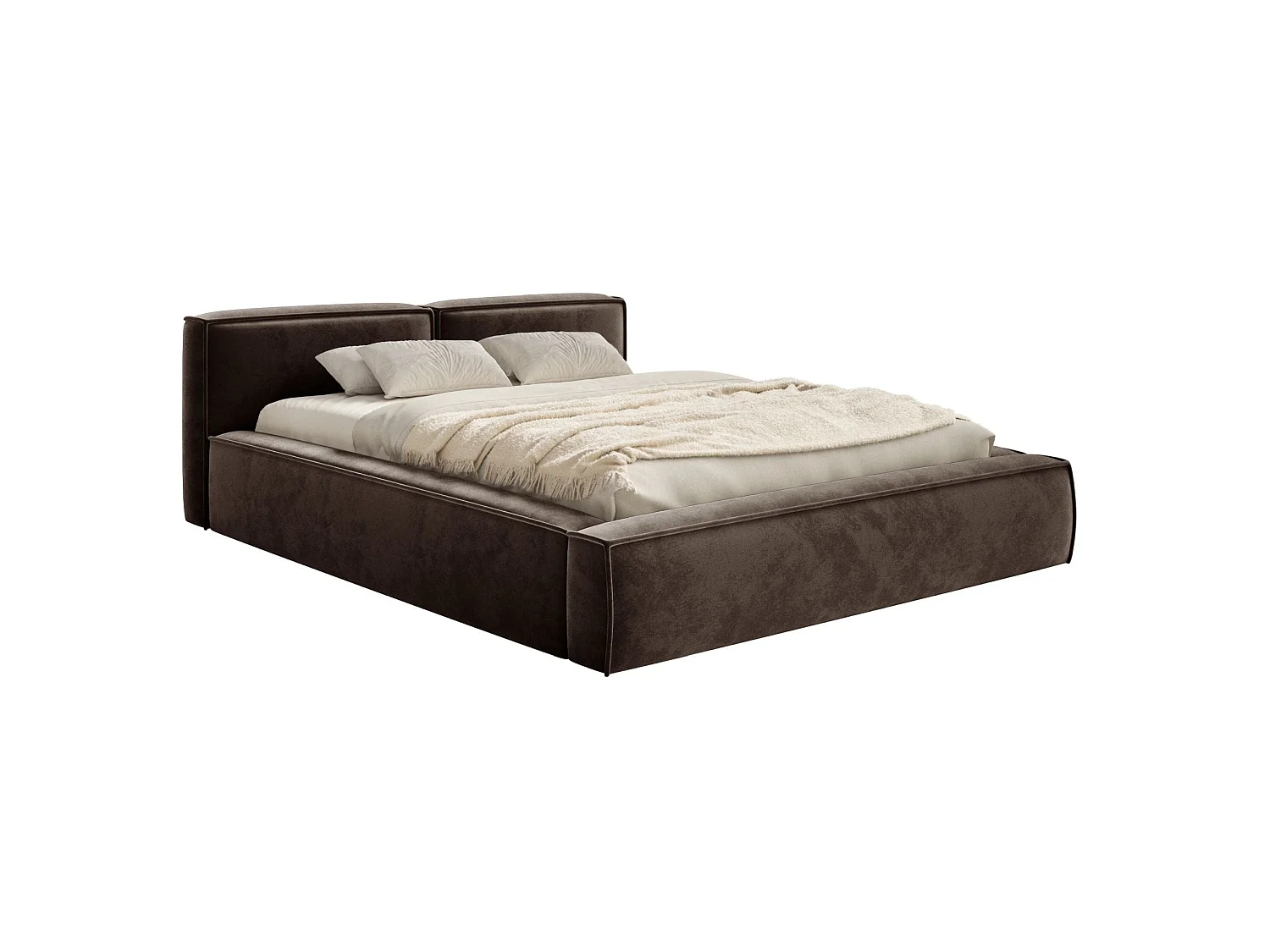 Lit coffre 140x200 avec coffre – sommier à lattes – velours – brun – TILVES SLIM