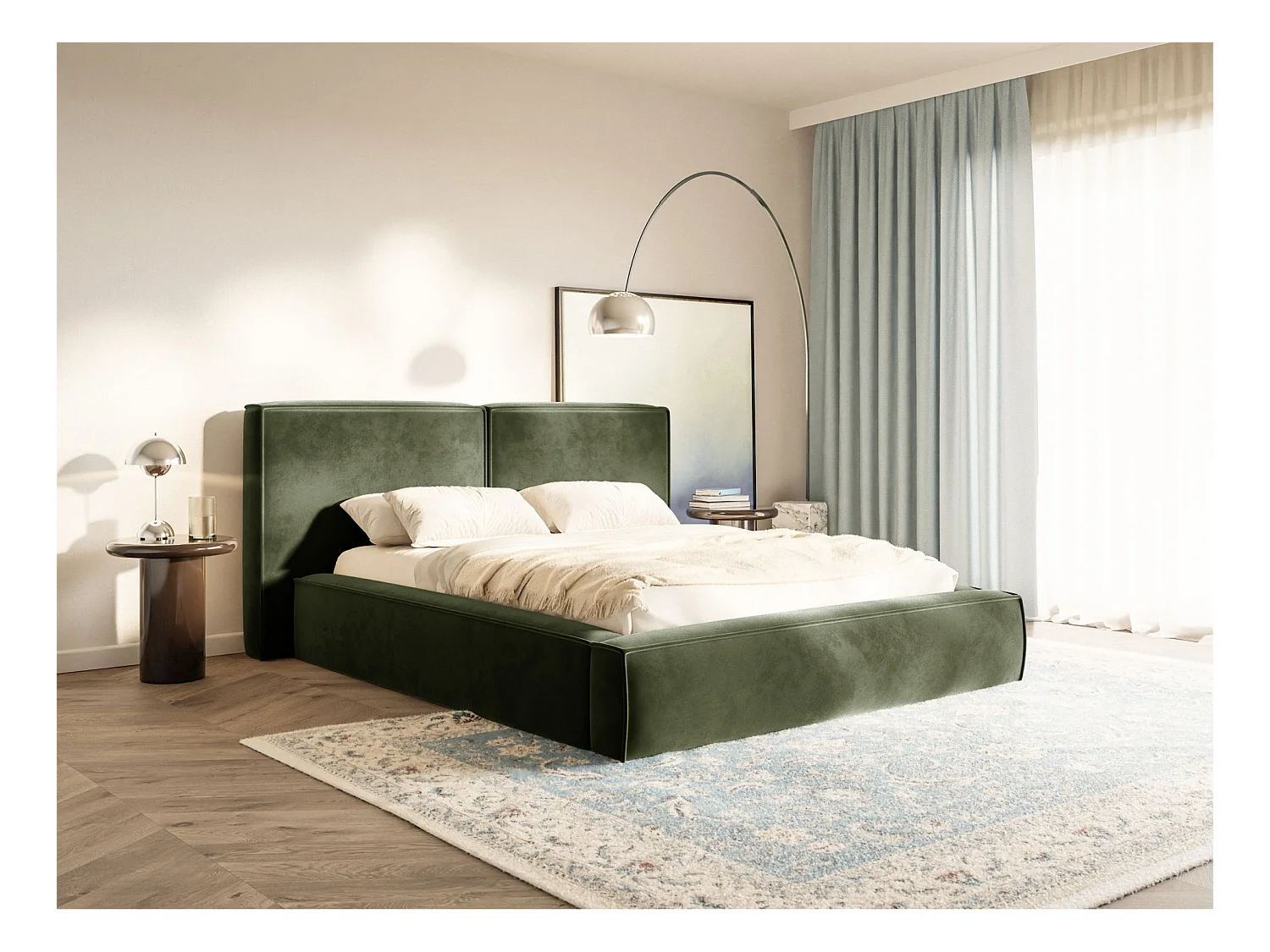 Polsterbett 200x200 mit Bettkasten – Lattenrost – Velours – olivgrün – TILVES