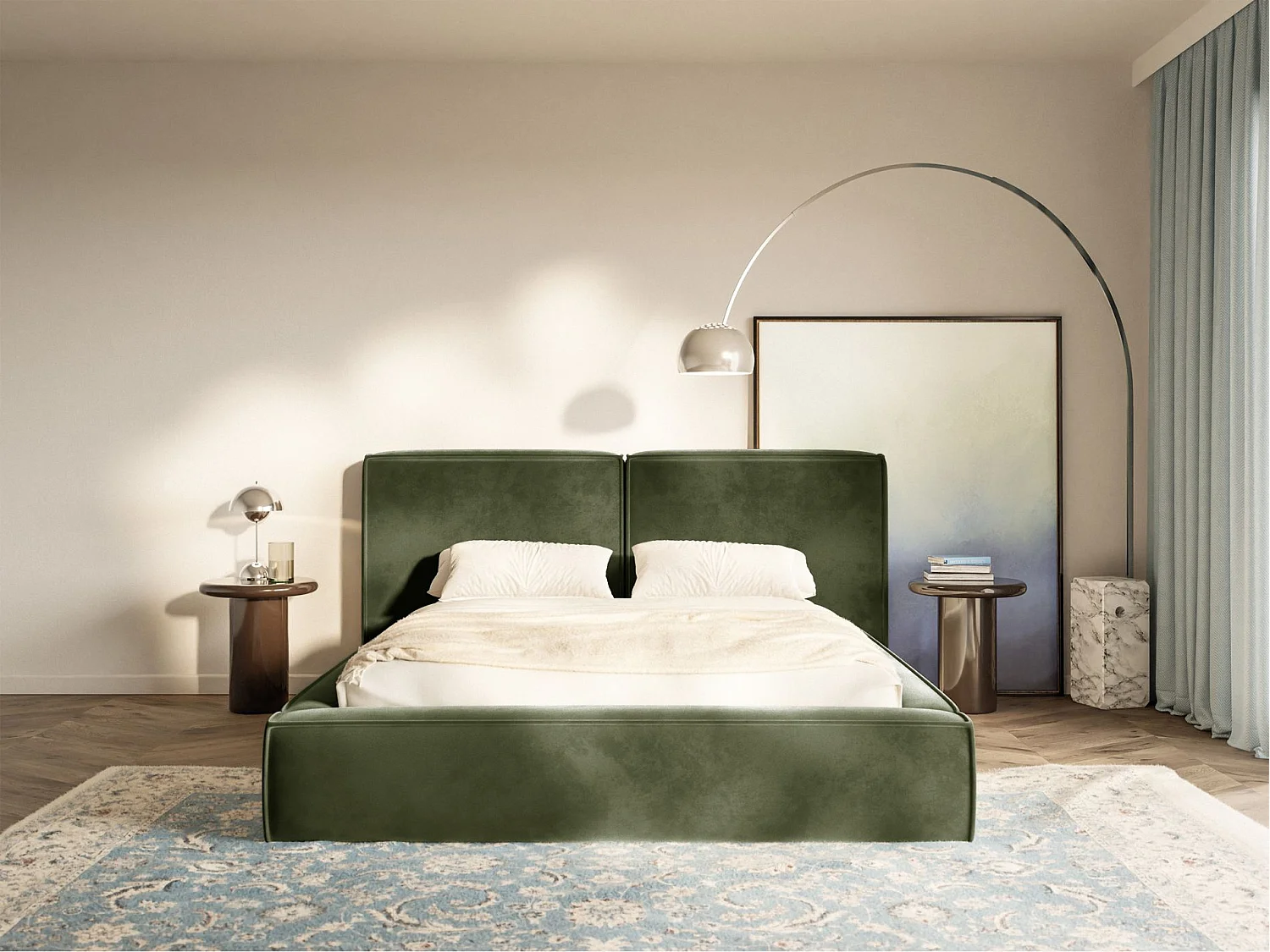 Lit tapissé 200x200 avec coffre – sommier à lattes – velours – vert olive – TILVES