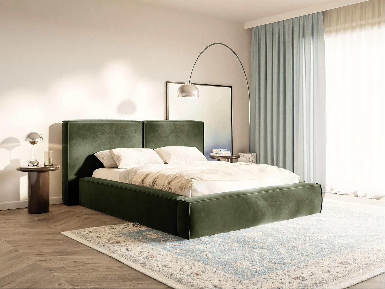 Lit tapissé 200x200 avec coffre – sommier à lattes – velours – vert olive – TILVES