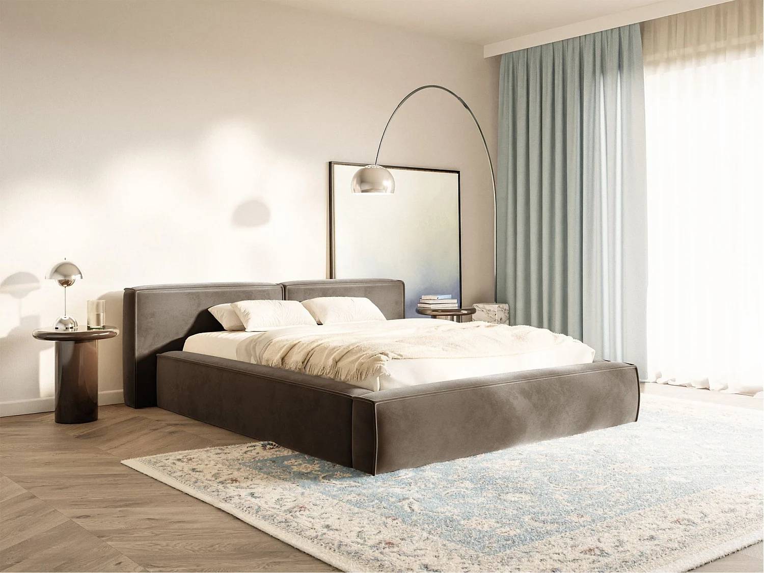 Lit coffre 140x200 avec coffre – sommier à lattes – velours – brun clair – TILVES LOW