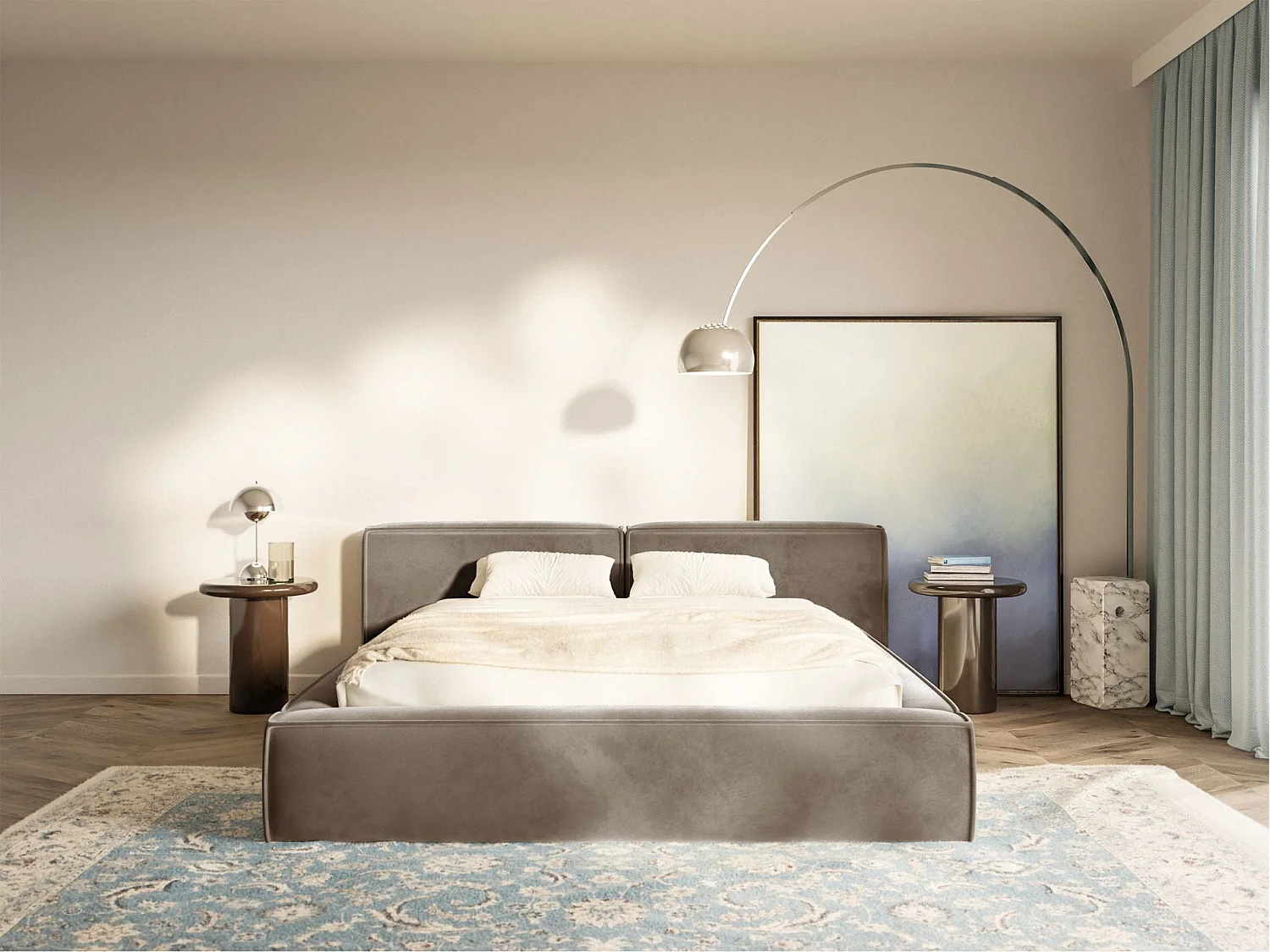 Lit coffre 140x200 avec coffre – sommier à lattes – velours – brun clair – TILVES LOW