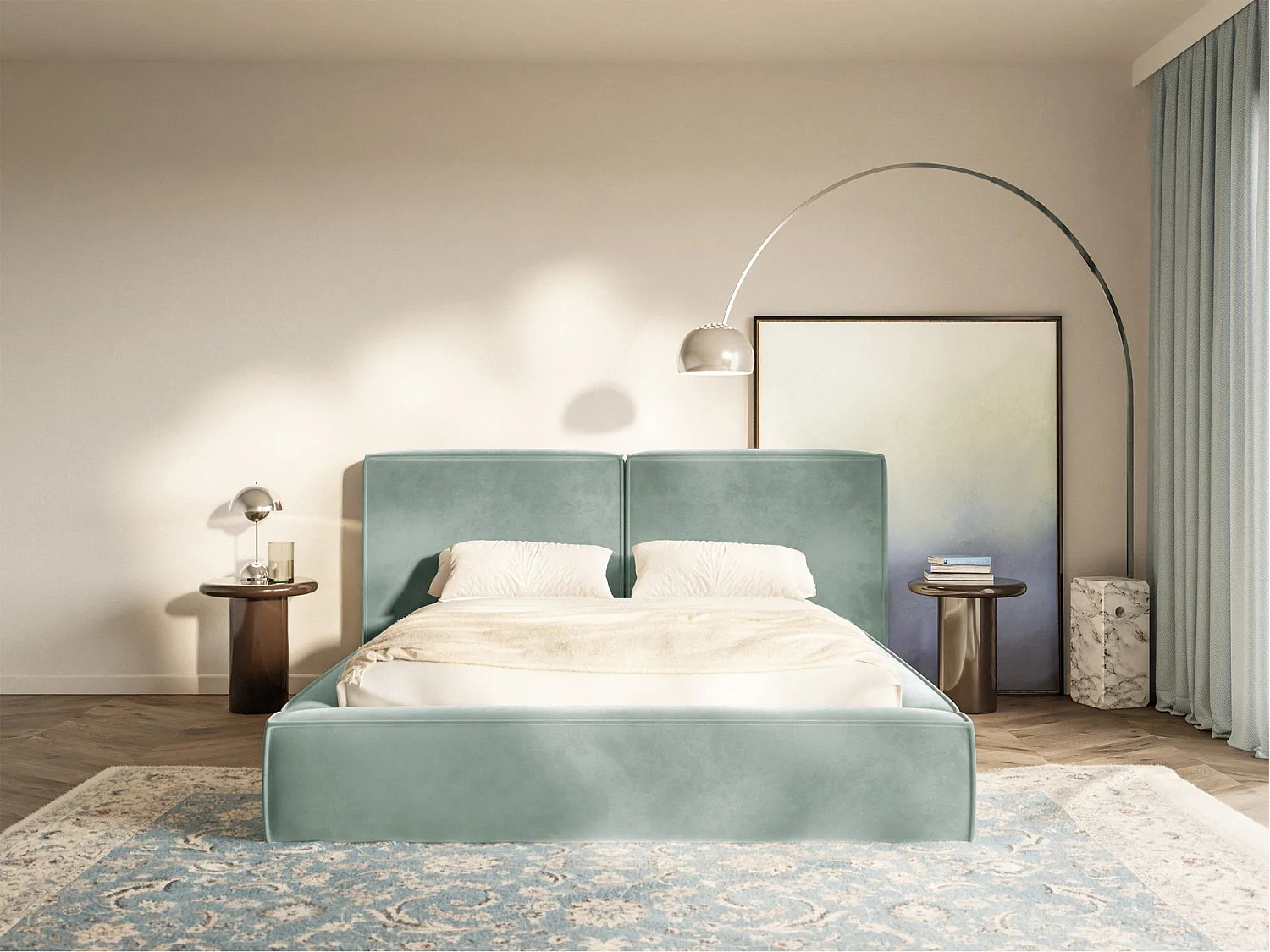 Polsterbett 160x200 mit Bettkasten – Lattenrost – Velours – salbeigrün – TILVES