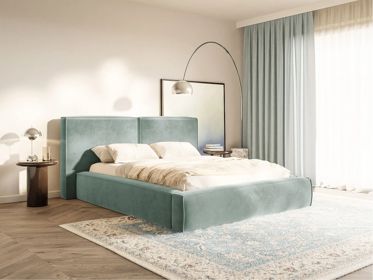 Polsterbett 160x200 mit Bettkasten – Lattenrost – Velours – salbeigrün – TILVES