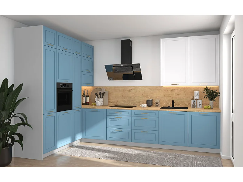 L-FORM KÜCHENZEILE Bari (16-tlg) Grau / Pastellblau - Signalweiß