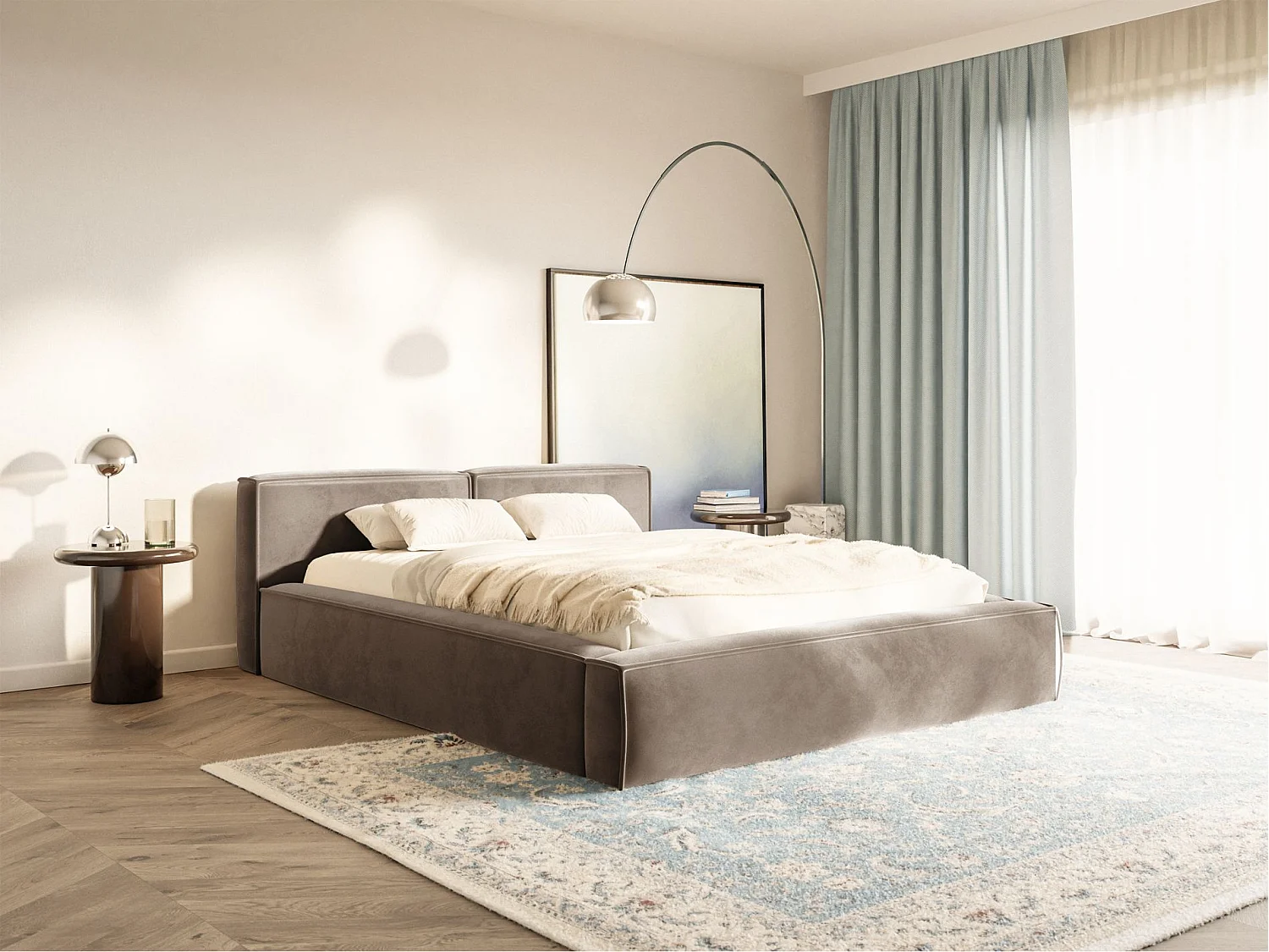 Lit coffre 180x200 avec coffre – sommier à lattes – velours – brun clair – TILVES SLIM