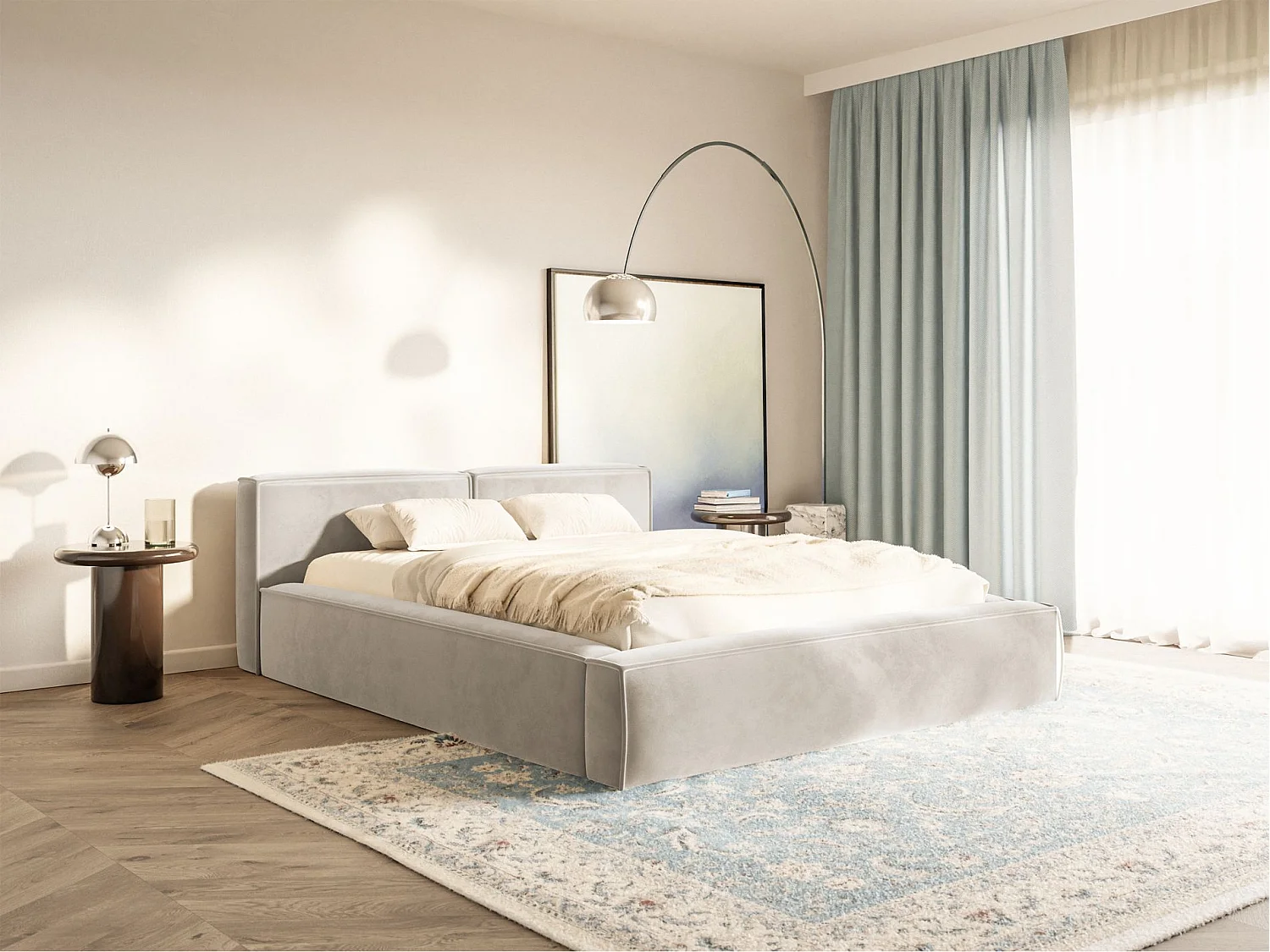 Lit coffre 180x200 avec coffre – sommier à lattes – velours – grège – TILVES SLIM