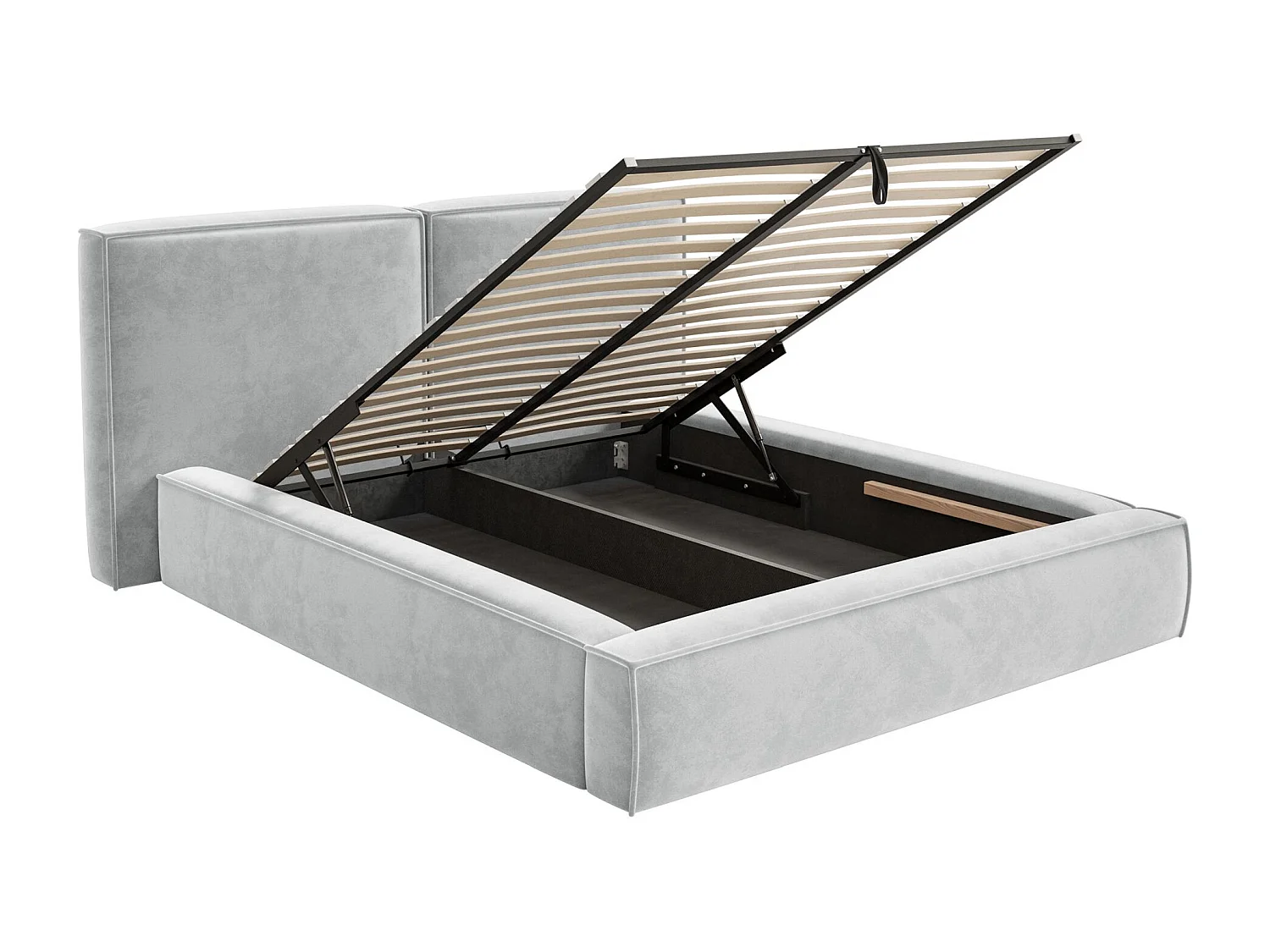 Lit tapissé 140x200 avec coffre – sommier à lattes – velours – gris clair – TILVES