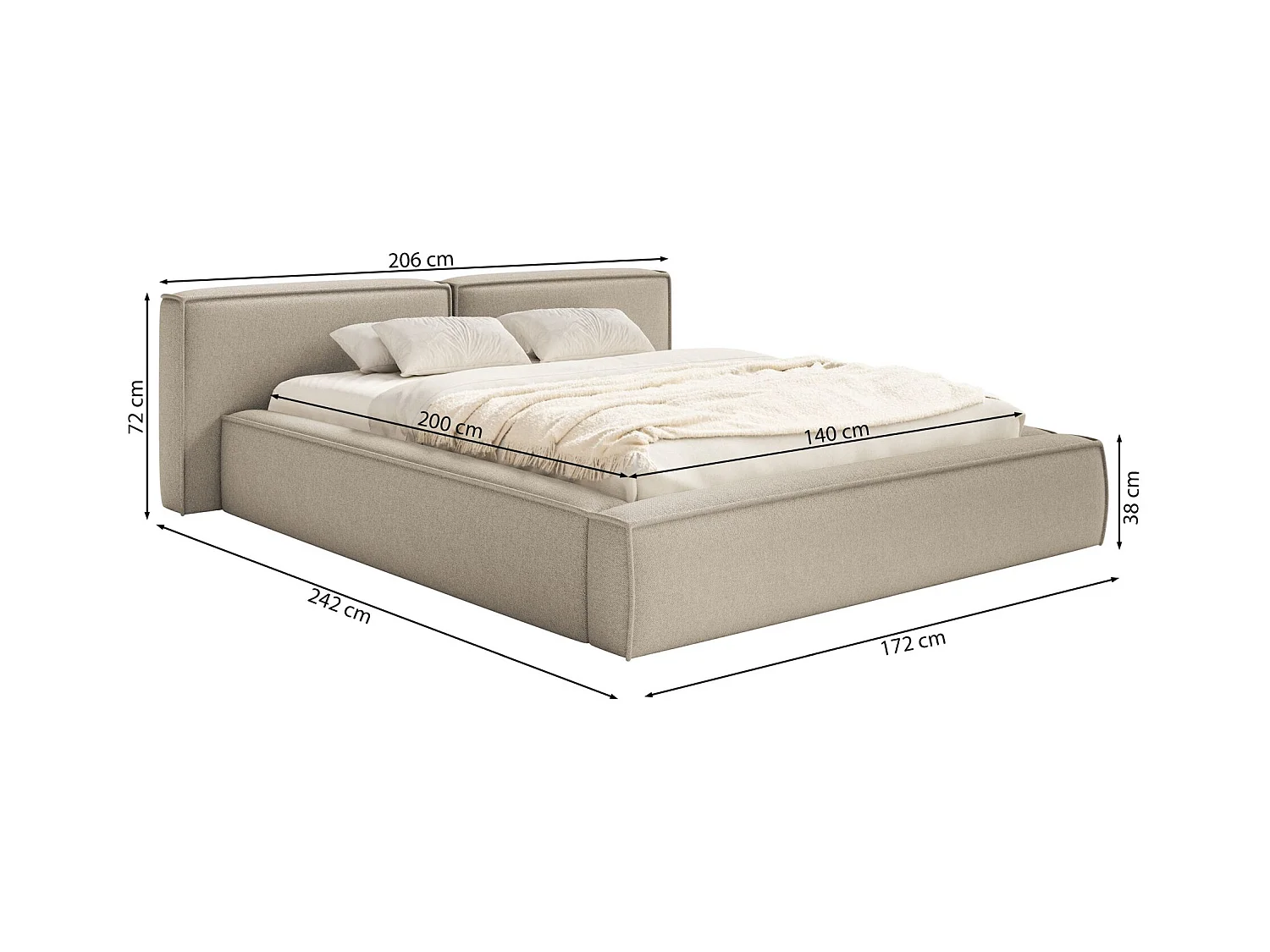 Polsterbett 140x200 mit Bettkasten – Lattenrost – Chenille – creme – TILVES LOW