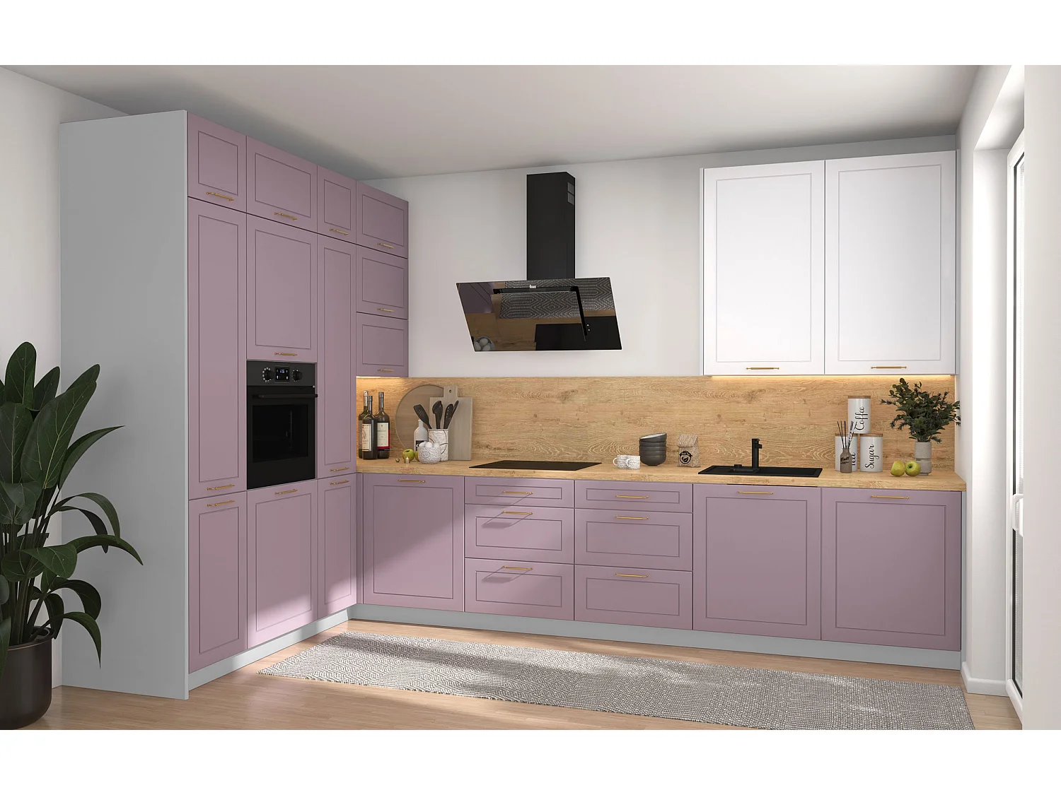 L-FORM KÜCHENZEILE Bari (16-tlg) Grau / Pastellviolett - Signalweiß