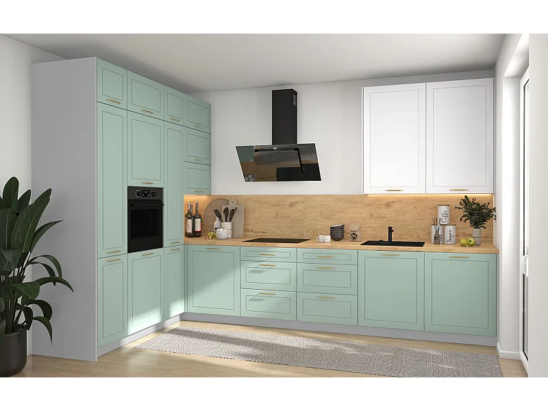 L-FORM KÜCHENZEILE Bari (16-tlg) Grau / Blassgrün - Signalweiß