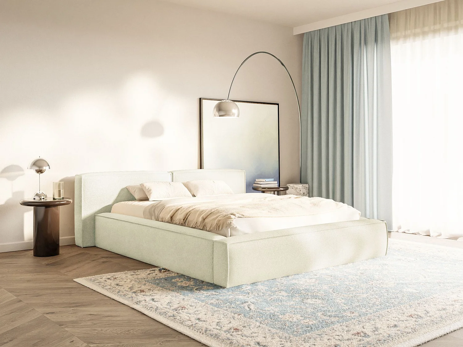 Lit coffre 180x200 avec coffre – sommier à lattes – chenille – crème – TILVES LOW